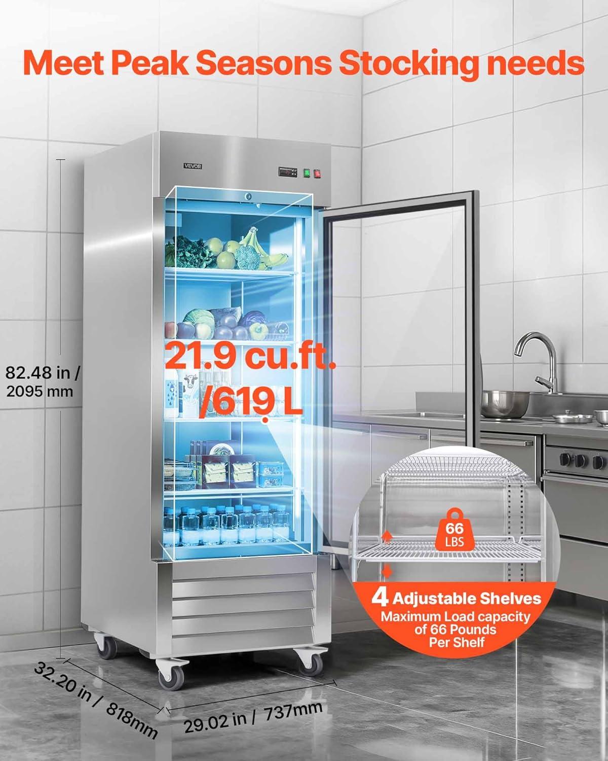image:imageVEVOR Commercial ReachIn Refrigerator 29 W 22 CuFt Stainless Steel Upright Refrigerator with Single Glass Door AutoDefrost 4 Adjustable Shelves 32 to 50 Temp Control ETL Certified29W 1 Glass DoorRefrigerator