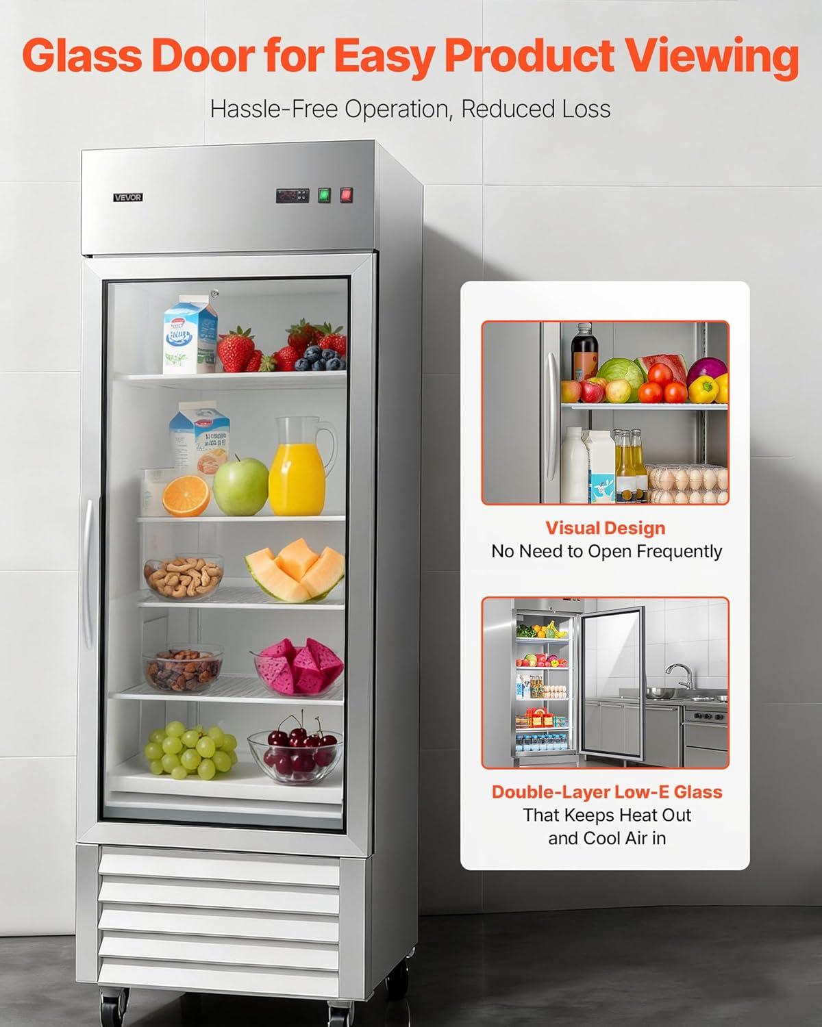 image:imageVEVOR Commercial ReachIn Refrigerator 29 W 22 CuFt Stainless Steel Upright Refrigerator with Single Glass Door AutoDefrost 4 Adjustable Shelves 32 to 50 Temp Control ETL Certified29W 1 Glass DoorRefrigerator