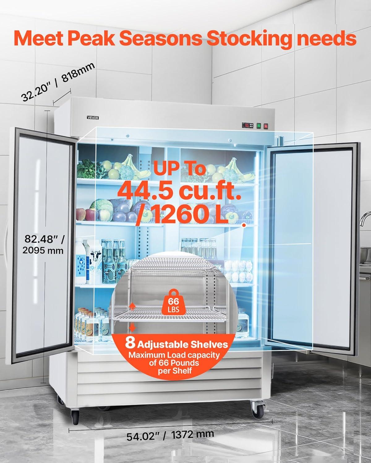 image:imageVEVOR Commercial ReachIn Refrigerator 29 W 22 CuFt Stainless Steel Upright Refrigerator with Single Glass Door AutoDefrost 4 Adjustable Shelves 32 to 50 Temp Control ETL Certified54W 2 Glass DoorsRefrigerator