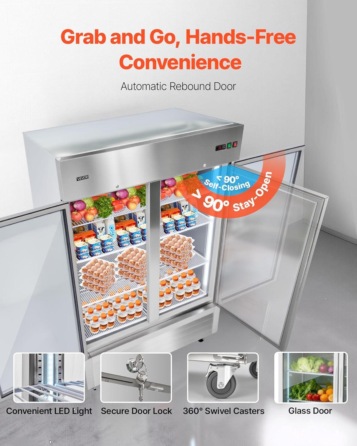 image:imageVEVOR Commercial ReachIn Refrigerator 29 W 22 CuFt Stainless Steel Upright Refrigerator with Single Glass Door AutoDefrost 4 Adjustable Shelves 32 to 50 Temp Control ETL Certified54W 2 Glass DoorsRefrigerator