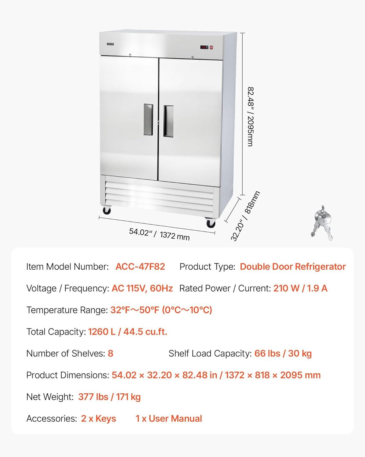 image:imageVEVOR Commercial ReachIn Refrigerator 29 W 22 CuFt Stainless Steel Upright Refrigerator with Single Glass Door AutoDefrost 4 Adjustable Shelves 32 to 50 Temp Control ETL Certified54W 2 DoorsRefrigerator