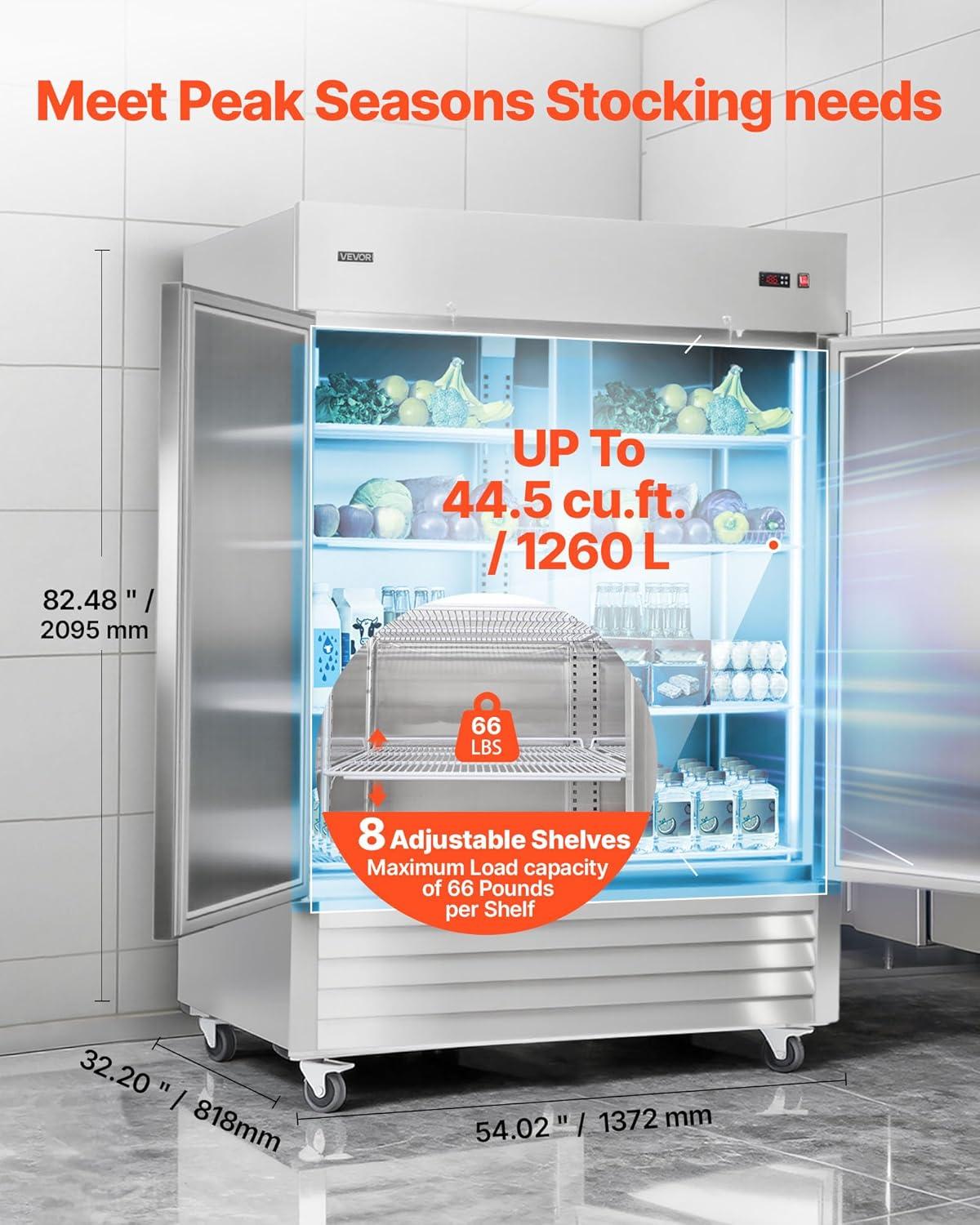 image:imageVEVOR Commercial ReachIn Refrigerator 29 W 22 CuFt Stainless Steel Upright Refrigerator with Single Glass Door AutoDefrost 4 Adjustable Shelves 32 to 50 Temp Control ETL Certified54W 2 DoorsRefrigerator