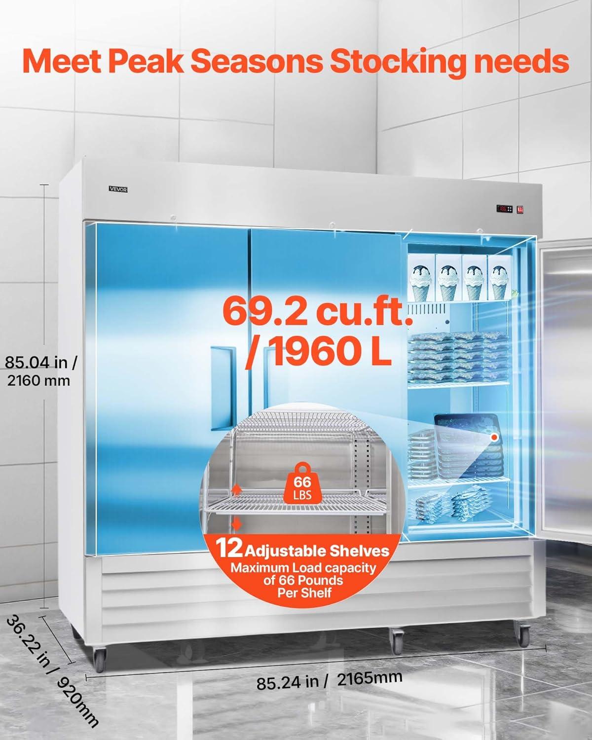 image:imageVEVOR Commercial ReachIn Refrigerator 29 W 22 CuFt Stainless Steel Upright Refrigerator with Single Glass Door AutoDefrost 4 Adjustable Shelves 32 to 50 Temp Control ETL Certified85W 3 DoorsFreezer