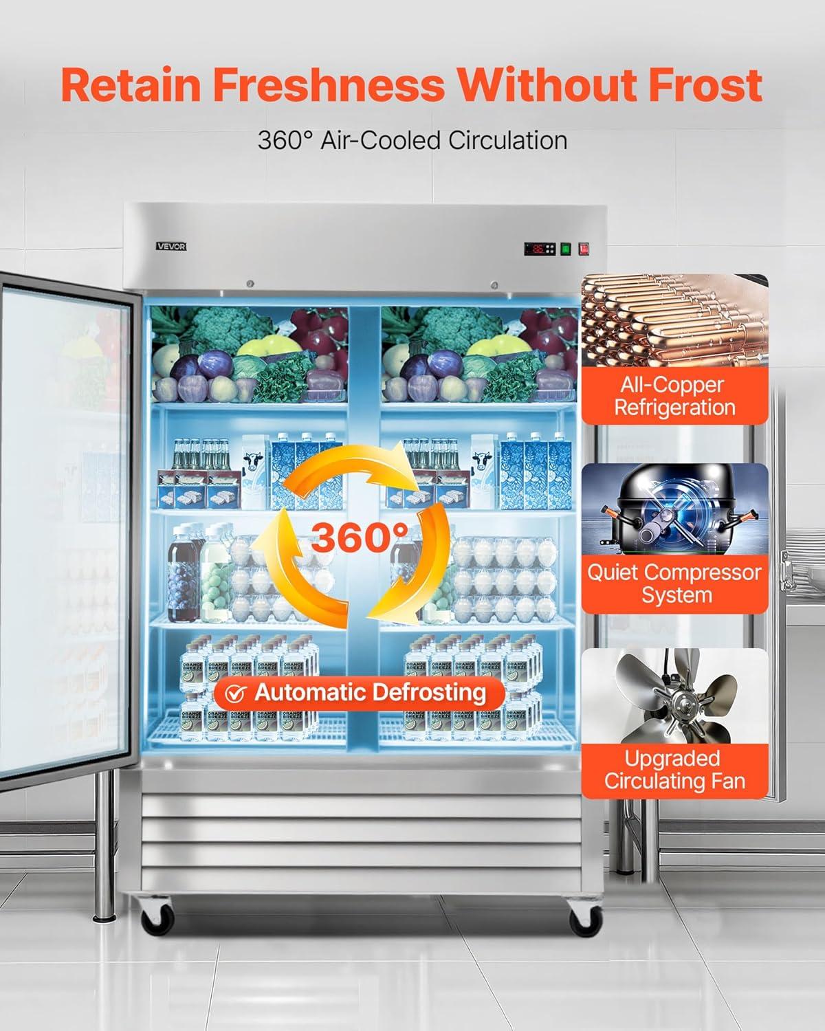 image:imageVEVOR Commercial ReachIn Refrigerator 29 W 22 CuFt Stainless Steel Upright Refrigerator with Single Glass Door AutoDefrost 4 Adjustable Shelves 32 to 50 Temp Control ETL Certified54W 2 Glass DoorsRefrigerator