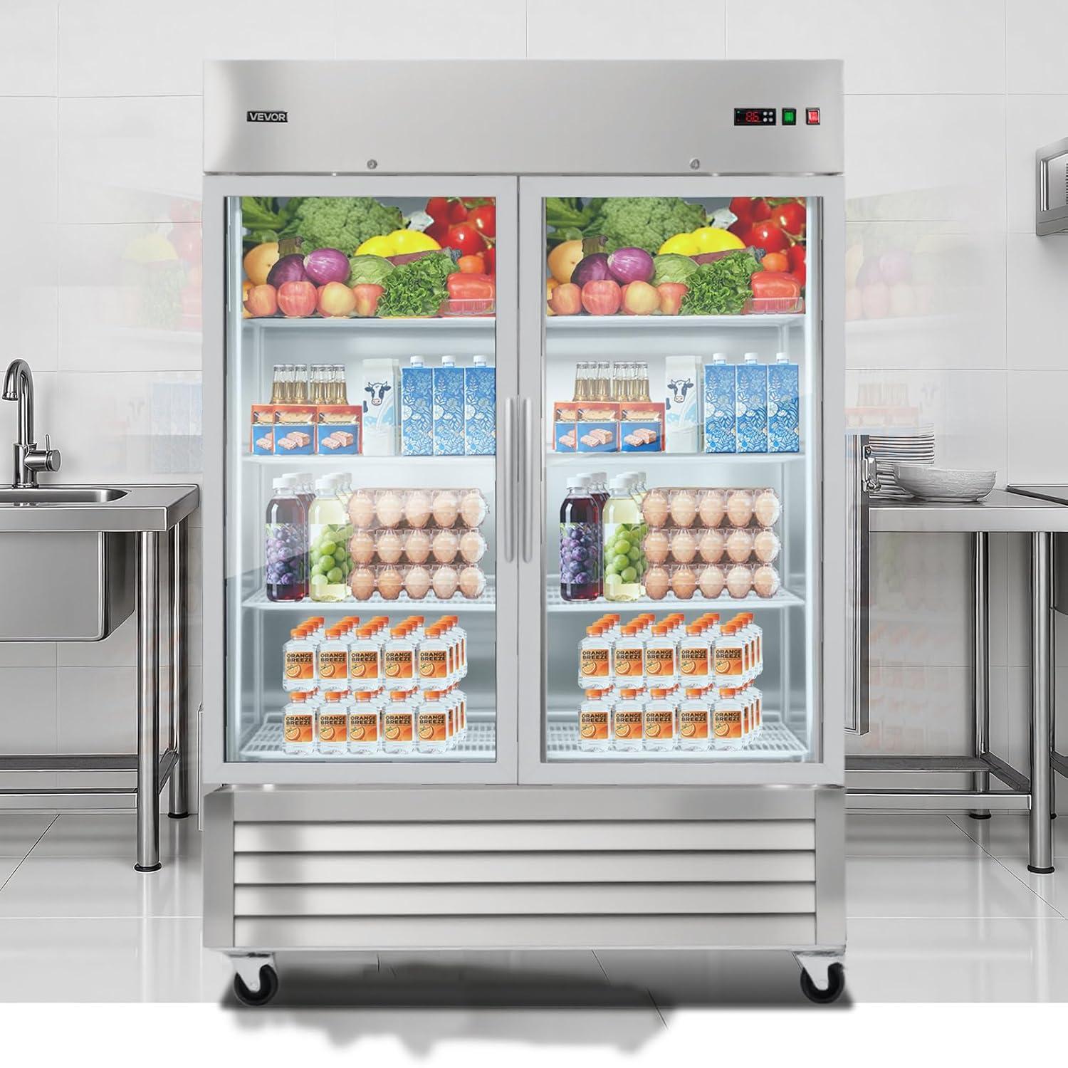 image:imageVEVOR Commercial ReachIn Refrigerator 29 W 22 CuFt Stainless Steel Upright Refrigerator with Single Glass Door AutoDefrost 4 Adjustable Shelves 32 to 50 Temp Control ETL Certified54W 2 Glass DoorsRefrigerator