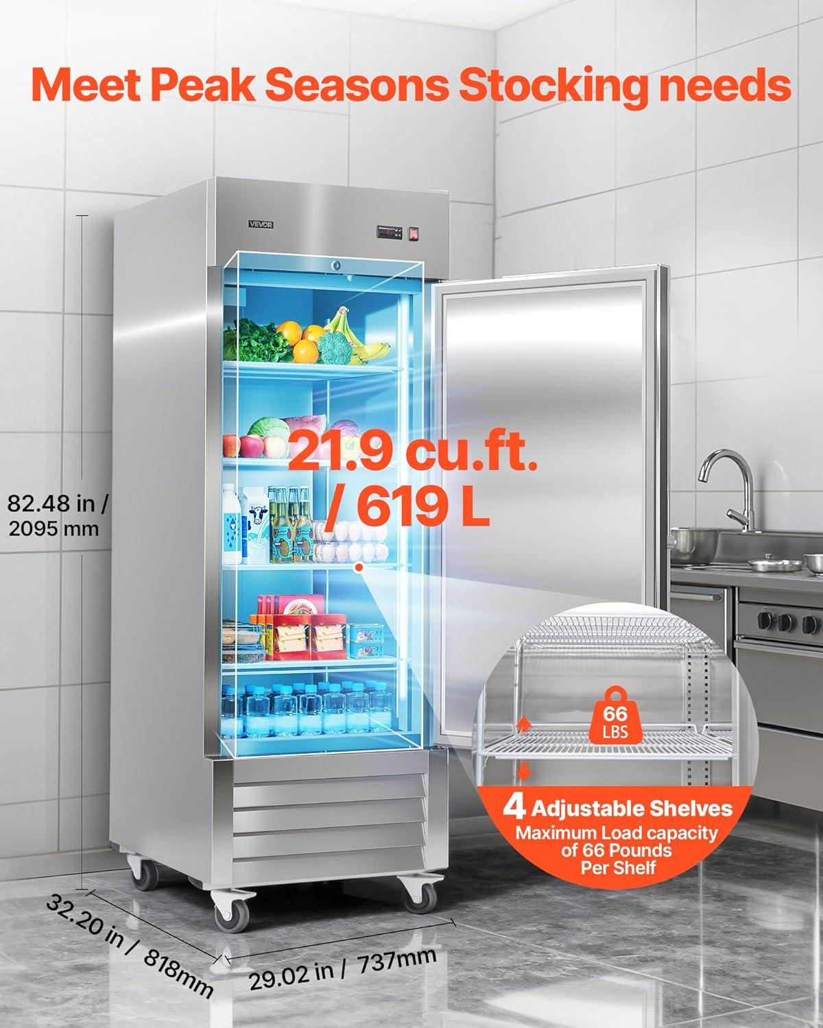 image:imageVEVOR Commercial ReachIn Refrigerator 29 W 22 CuFt Stainless Steel Upright Refrigerator with Single Glass Door AutoDefrost 4 Adjustable Shelves 32 to 50 Temp Control ETL Certified29W 1 DoorRefrigerator