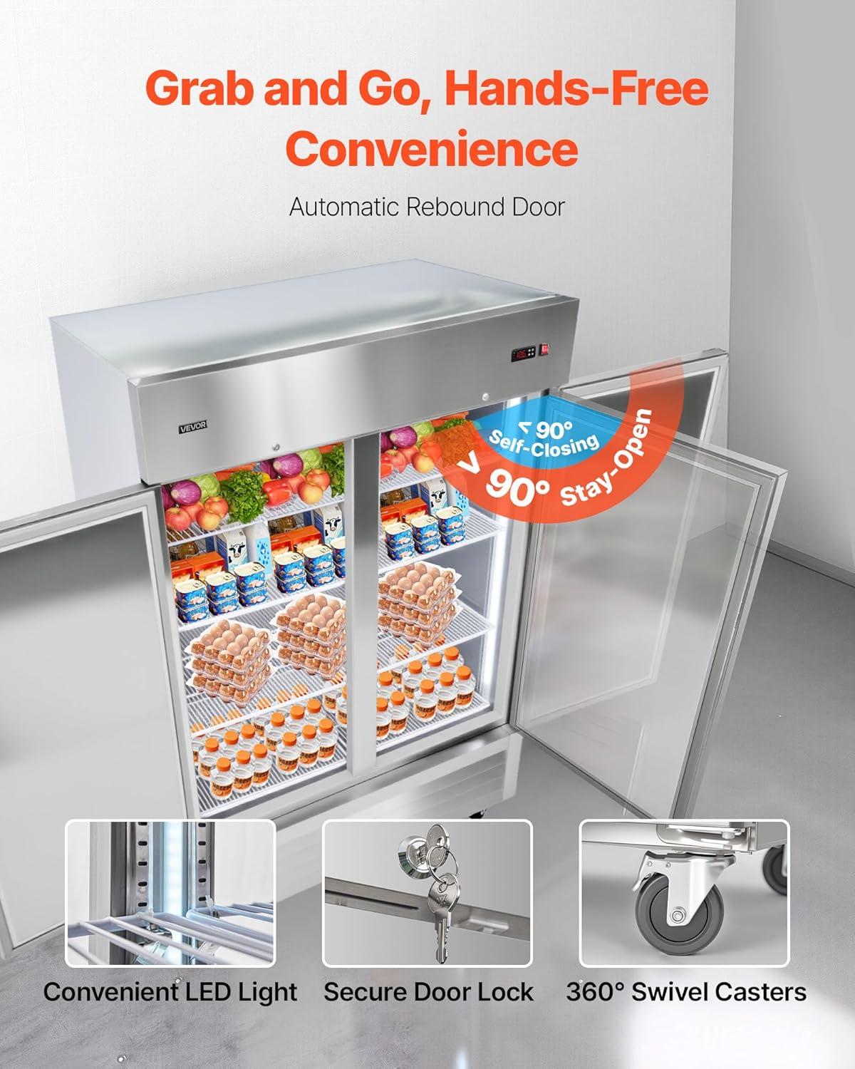 image:imageVEVOR Commercial ReachIn Refrigerator 29 W 22 CuFt Stainless Steel Upright Refrigerator with Single Glass Door AutoDefrost 4 Adjustable Shelves 32 to 50 Temp Control ETL Certified54W 2 DoorsRefrigerator