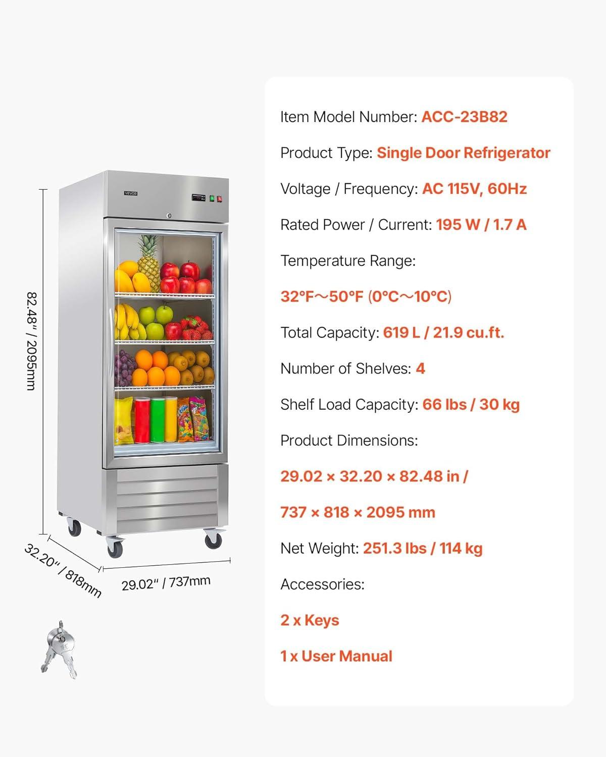 image:imageVEVOR Commercial ReachIn Refrigerator 29 W 22 CuFt Stainless Steel Upright Refrigerator with Single Glass Door AutoDefrost 4 Adjustable Shelves 32 to 50 Temp Control ETL Certified29W 1 Glass DoorRefrigerator