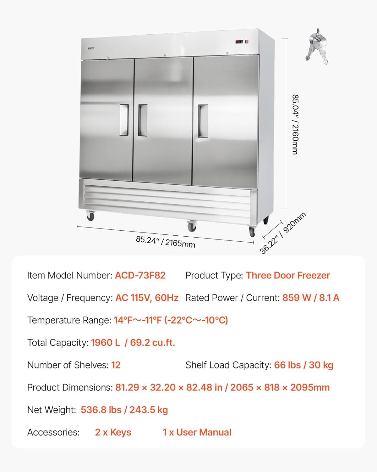 image:imageVEVOR Commercial ReachIn Refrigerator 29 W 22 CuFt Stainless Steel Upright Refrigerator with Single Glass Door AutoDefrost 4 Adjustable Shelves 32 to 50 Temp Control ETL Certified85W 3 DoorsFreezer