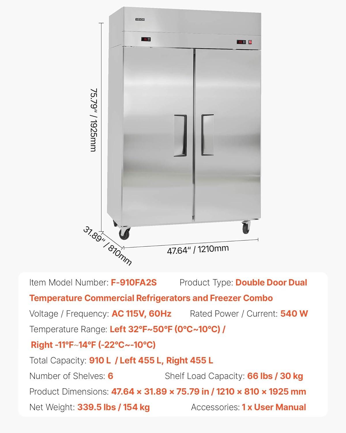 image:imageVEVOR Commercial ReachIn Refrigerator 48 W 32 CuFt Stainless Steel Upright Refrigerator with 4 Doors AutoDefrost 6 Adjustable Shelves 32 to 50 Temp Control UL Certified48w 32 Cuft Double Doorscombo