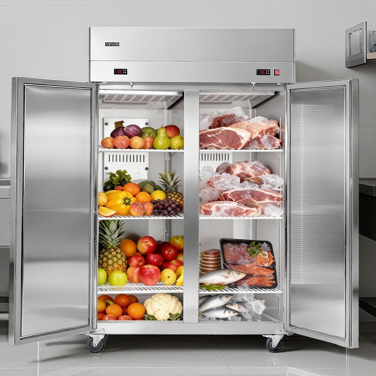 image:imageVEVOR Commercial ReachIn Refrigerator 48 W 32 CuFt Stainless Steel Upright Refrigerator with 4 Doors AutoDefrost 6 Adjustable Shelves 32 to 50 Temp Control UL Certified48w 32 Cuft Double Doorscombo