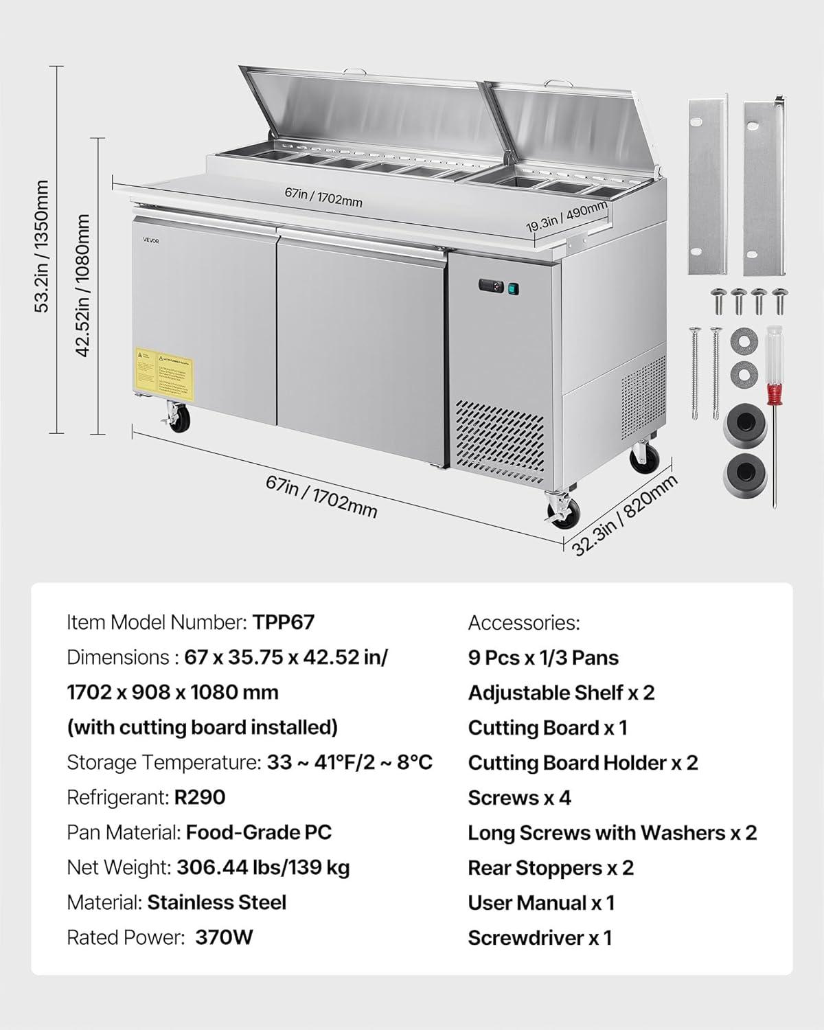 image:imageVEVOR Commercial Refrigerator 44 W Pizza Prep Refrigerated Table 193 Ultra Wide Countertop Food Prep Cooler 11 CuFt Single Door Salad Prep Fridge 6 Pans Pizza Make Worktop with Cutting Board67W Pizza Prep Refrigerator