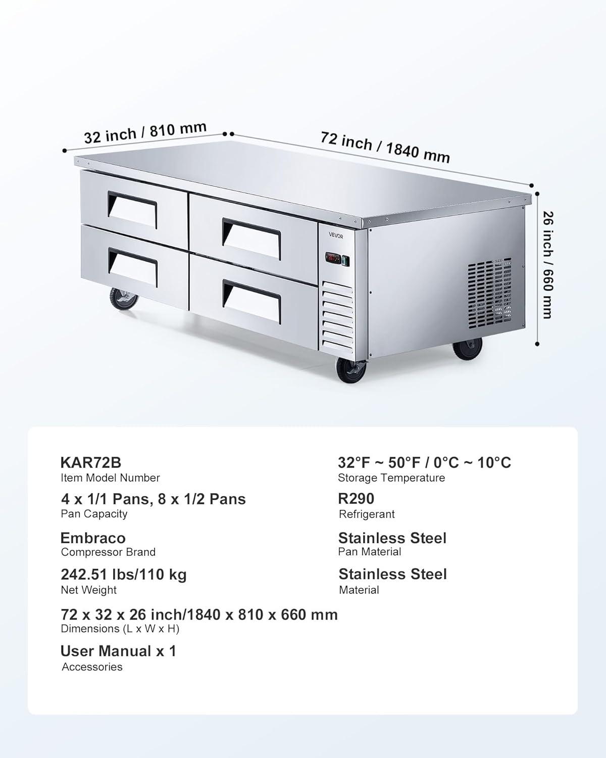 image:imageVEVOR Commercial Refrigerator 44 W Pizza Prep Refrigerated Table 193 Ultra Wide Countertop Food Prep Cooler 11 CuFt Single Door Salad Prep Fridge 6 Pans Pizza Make Worktop with Cutting Board72 W Chief Base With 4 Drawers Refrigerator