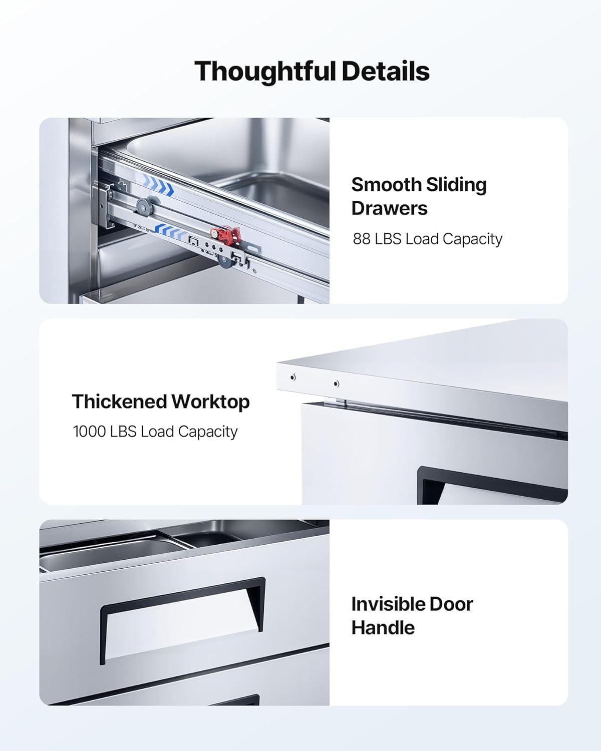 image:imageVEVOR Commercial Refrigerator 44 W Pizza Prep Refrigerated Table 193 Ultra Wide Countertop Food Prep Cooler 11 CuFt Single Door Salad Prep Fridge 6 Pans Pizza Make Worktop with Cutting Board72 W Chief Base With 4 Drawers Refrigerator