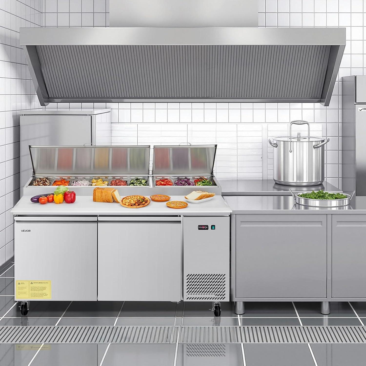 image:imageVEVOR Commercial Refrigerator 44 W Pizza Prep Refrigerated Table 193 Ultra Wide Countertop Food Prep Cooler 11 CuFt Single Door Salad Prep Fridge 6 Pans Pizza Make Worktop with Cutting Board67W Pizza Prep Refrigerator