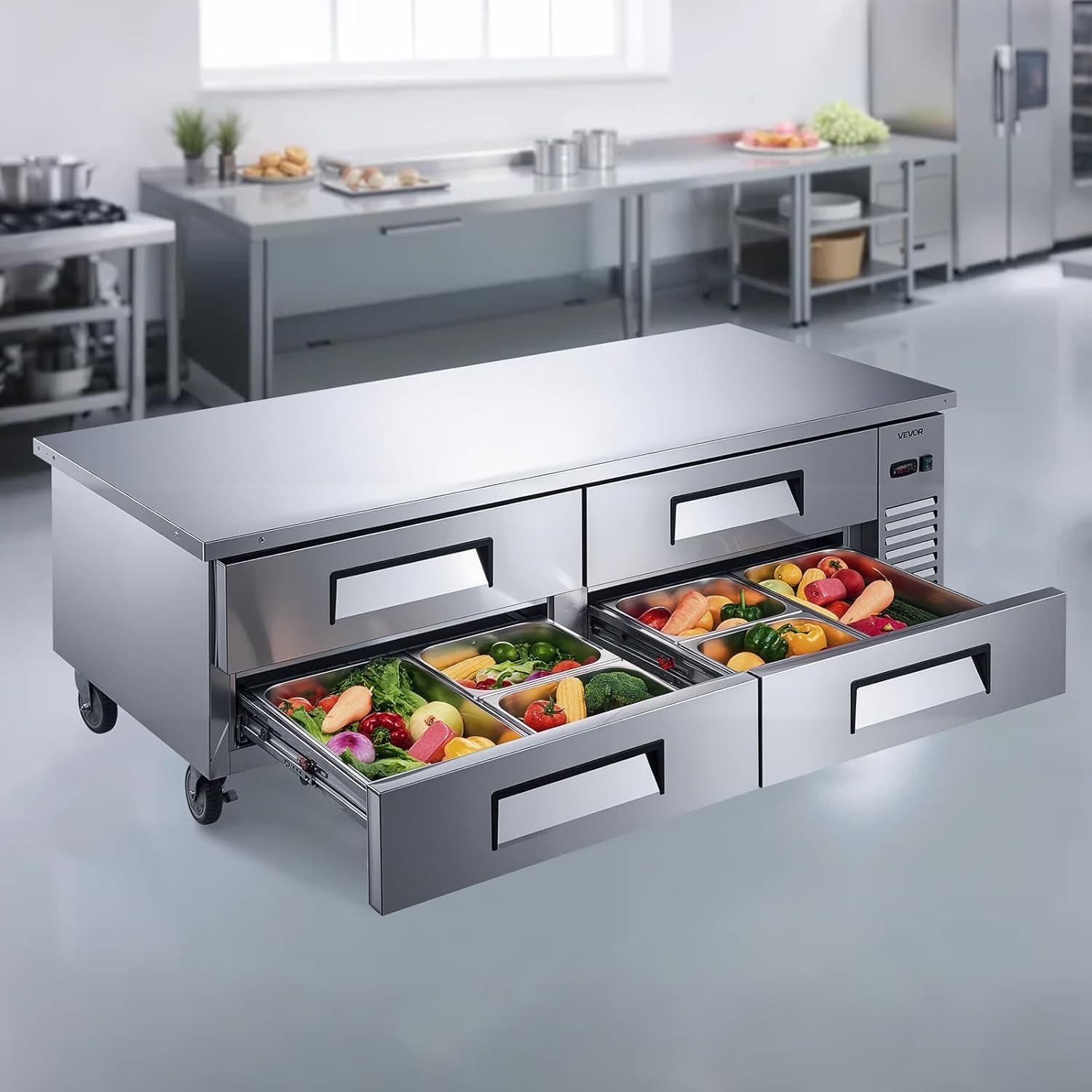 image:imageVEVOR Commercial Refrigerator 44 W Pizza Prep Refrigerated Table 193 Ultra Wide Countertop Food Prep Cooler 11 CuFt Single Door Salad Prep Fridge 6 Pans Pizza Make Worktop with Cutting Board72 W Chief Base With 4 Drawers Refrigerator