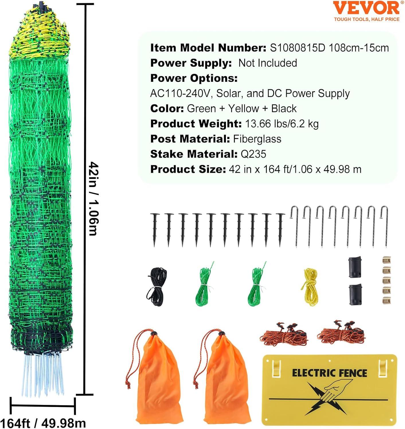 image:imageVEVOR Electric Fence Netting 42H x 164L PE Net Fencing with Posts and DoubleSpiked Stakes Utility Portable Mesh for Goats Sheep Lambs Deer Hogs Dogs for Farms Backyards and Ranches42h X 164l