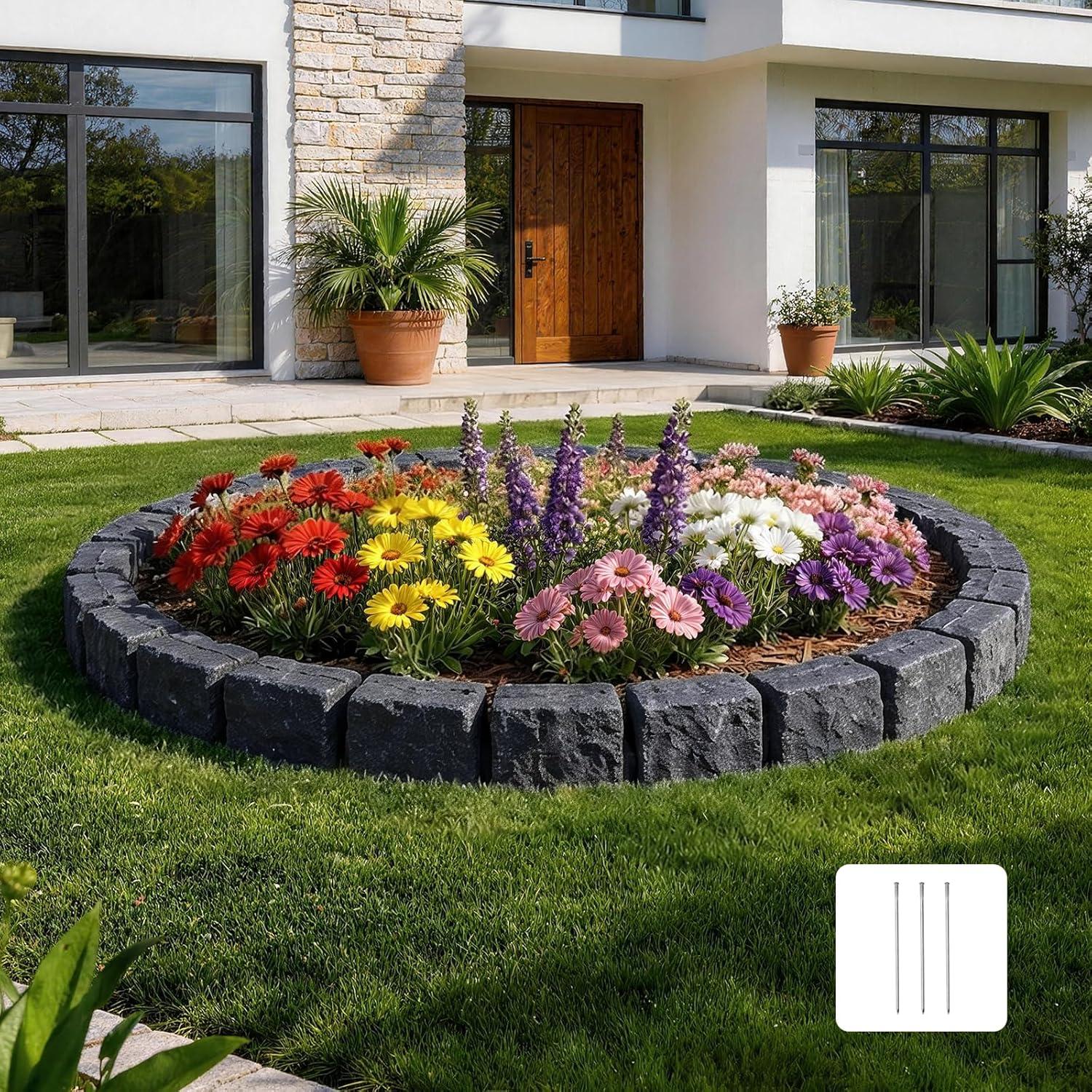 image:imageVEVOR Faux Stone Landscape Edging 468 x 39 Realistic Lawn Edging with Anchoring Spikes Flexible BrickSized Garden Border FadeResistant Yard Garden Stone Border for Driveways Walkway BrownCharcoal Black
