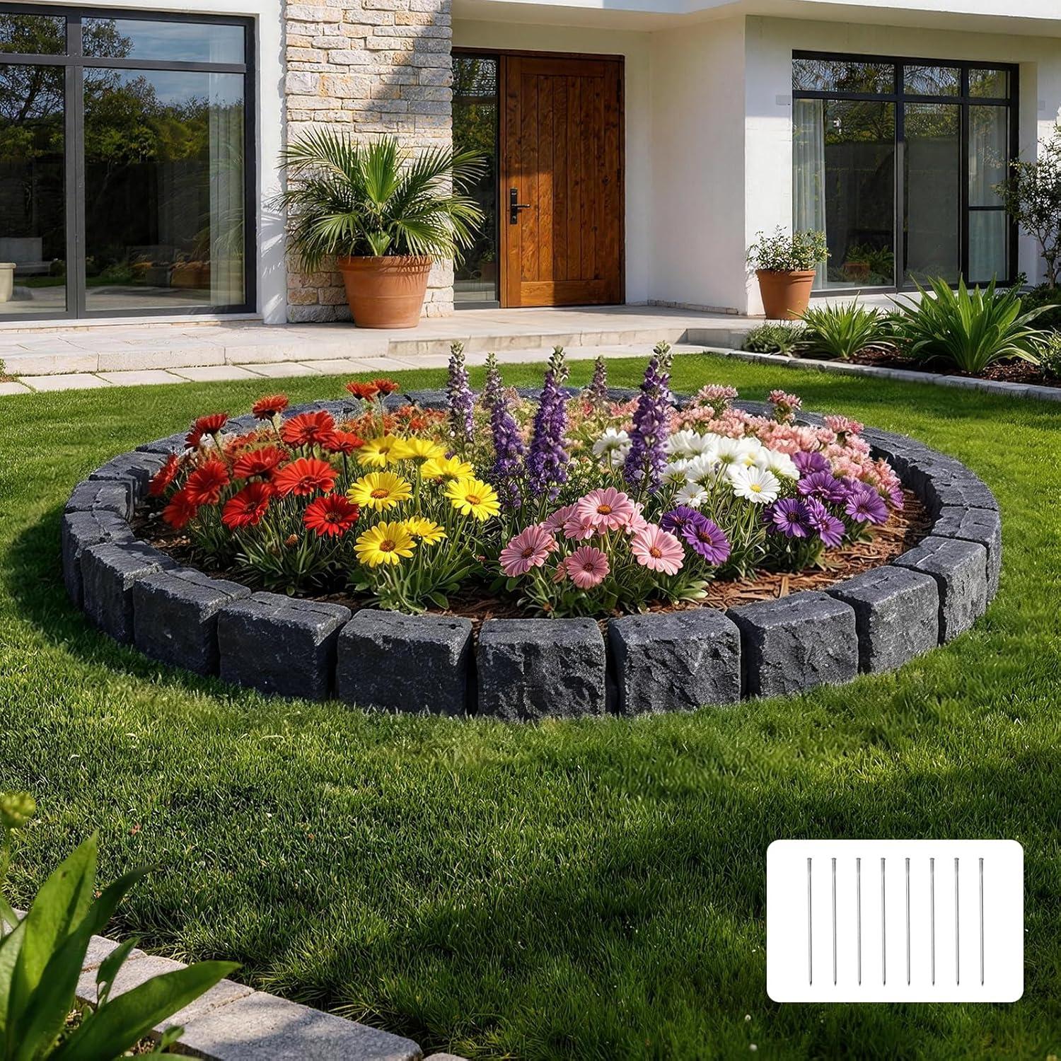 image:imageVEVOR Faux Stone Landscape Edging 468 x 39 Realistic Lawn Edging with Anchoring Spikes Flexible BrickSized Garden Border FadeResistant Yard Garden Stone Border for Driveways Walkway BrownCharcoal Black