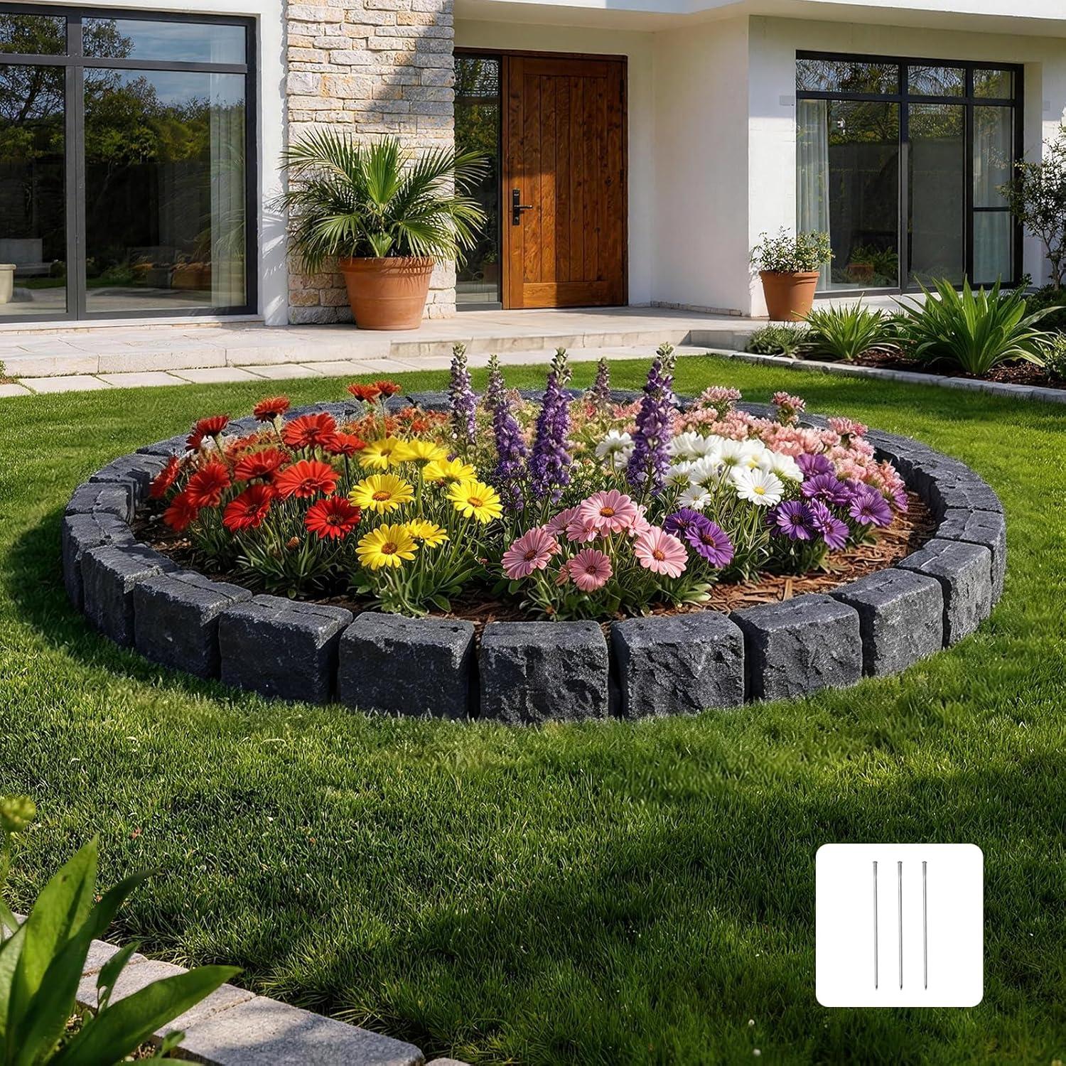 image:imageVEVOR Faux Stone Landscape Edging 468 x 39 Realistic Lawn Edging with Anchoring Spikes Flexible BrickSized Garden Border FadeResistant Yard Garden Stone Border for Driveways Walkway BrownCharcoal Black