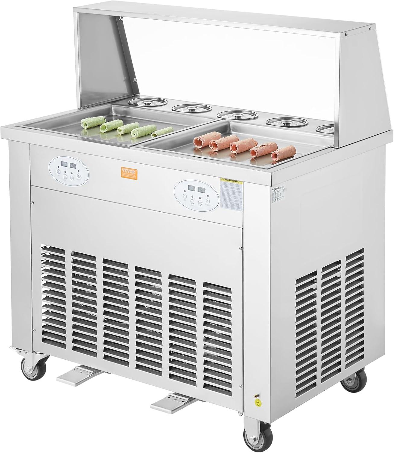 image:imageVEVOR Fried Ice Cream Roll Machine Stainless Steel Commercial Rolled Ice Cream Maker with Compressor and 4 Scrapers2Pcs 177 x 177 Square StirFried Ice Cream Pans for Frozen YogurtIce Cream1750Wdouble pans