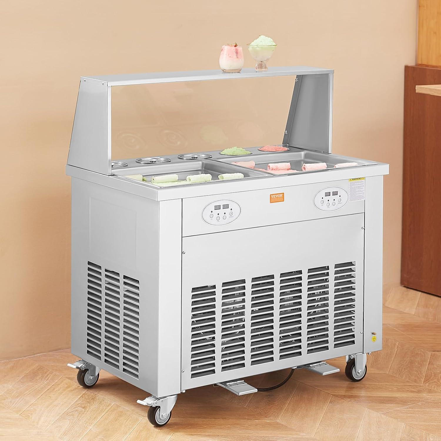 image:imageVEVOR Fried Ice Cream Roll Machine Stainless Steel Commercial Rolled Ice Cream Maker with Compressor and 4 Scrapers2Pcs 177 x 177 Square StirFried Ice Cream Pans for Frozen YogurtIce Cream1750Wdouble pans
