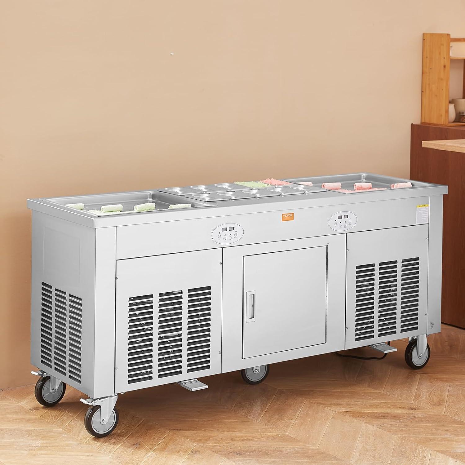 image:imageVEVOR Fried Ice Cream Roll Machine Stainless Steel Commercial Rolled Ice Cream Maker with Compressor and 4 Scrapers2Pcs 177 x 177 Square StirFried Ice Cream Pans for Frozen YogurtIce Cream2100Wdouble pans