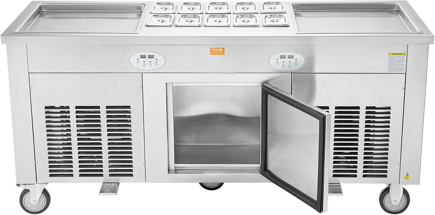 image:imageVEVOR Fried Ice Cream Roll Machine Stainless Steel Commercial Rolled Ice Cream Maker with Compressor and 4 Scrapers2Pcs 177 x 177 Square StirFried Ice Cream Pans for Frozen YogurtIce Cream2100Wdouble pans