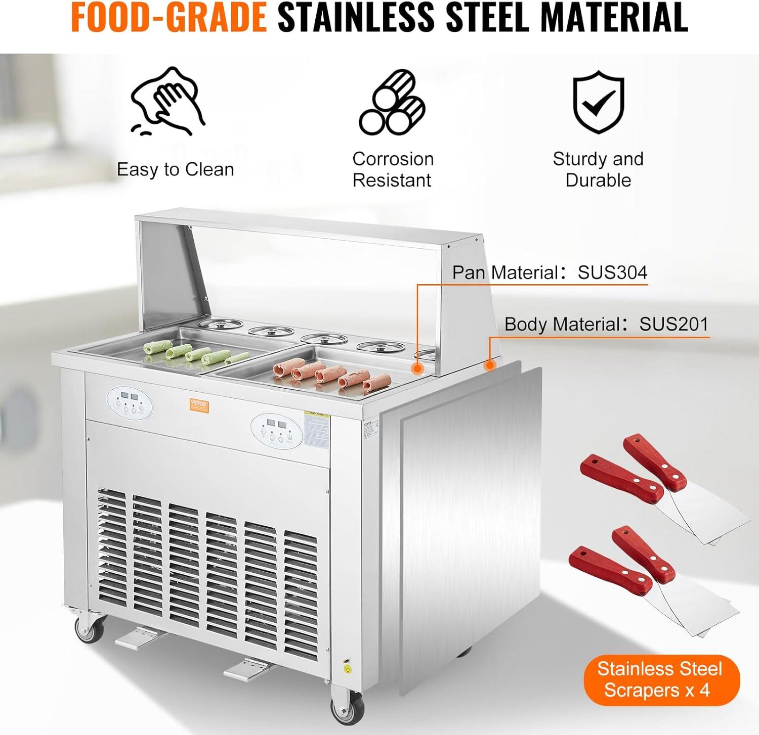 image:imageVEVOR Fried Ice Cream Roll Machine Stainless Steel Commercial Rolled Ice Cream Maker with Compressor and 4 Scrapers2Pcs 177 x 177 Square StirFried Ice Cream Pans for Frozen YogurtIce Cream1750Wdouble pans