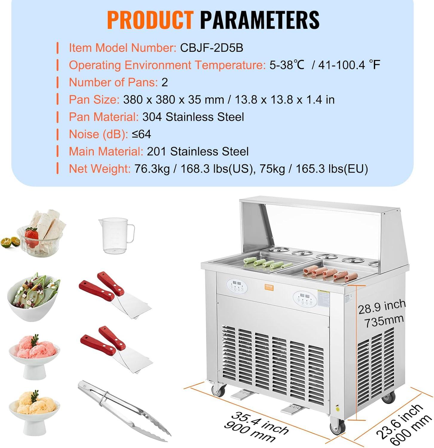 image:imageVEVOR Fried Ice Cream Roll Machine Stainless Steel Commercial Rolled Ice Cream Maker with Compressor and 4 Scrapers2Pcs 177 x 177 Square StirFried Ice Cream Pans for Frozen YogurtIce Cream1750Wdouble pans