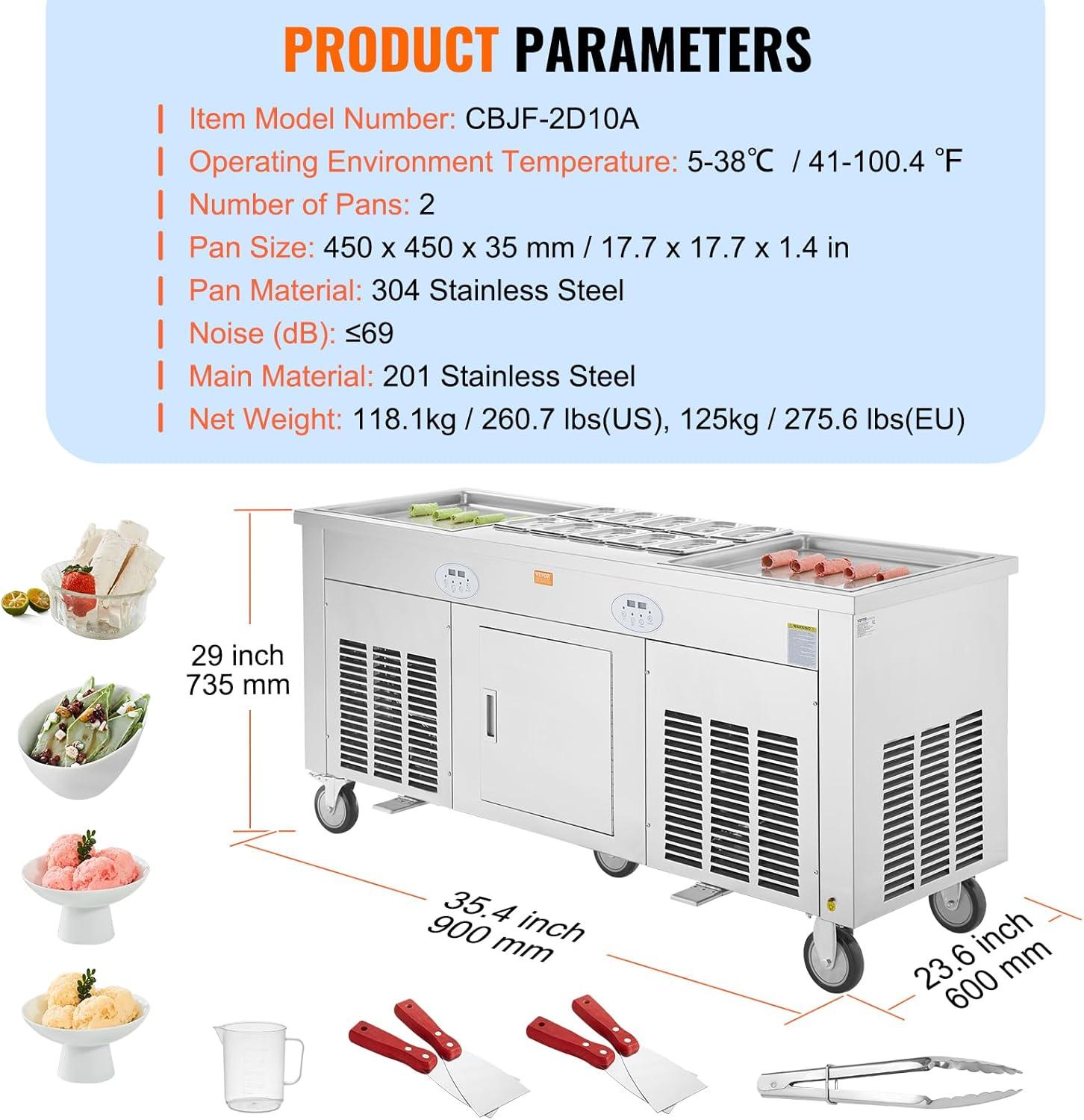 image:imageVEVOR Fried Ice Cream Roll Machine Stainless Steel Commercial Rolled Ice Cream Maker with Compressor and 4 Scrapers2Pcs 177 x 177 Square StirFried Ice Cream Pans for Frozen YogurtIce Cream2100Wdouble pans