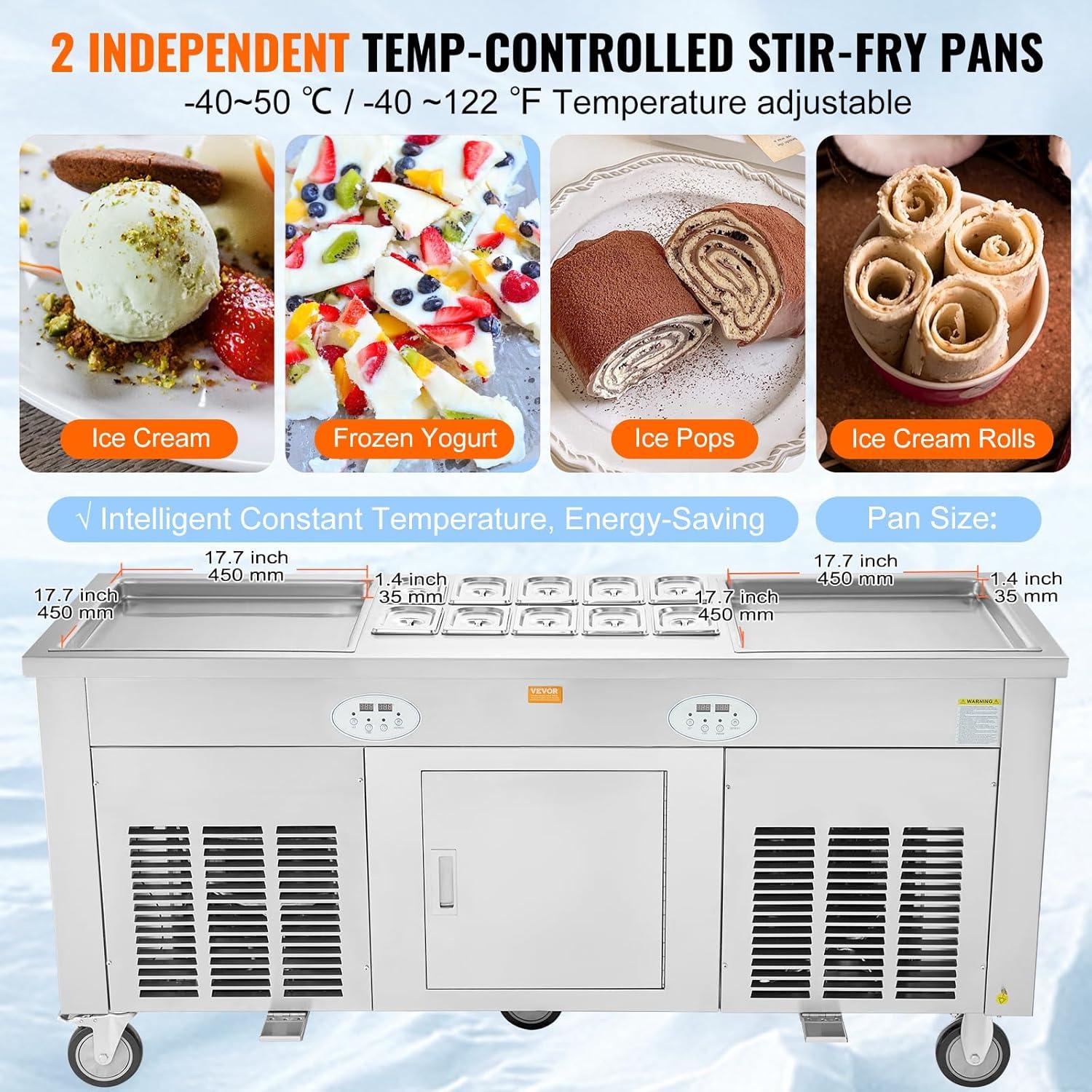 image:imageVEVOR Fried Ice Cream Roll Machine Stainless Steel Commercial Rolled Ice Cream Maker with Compressor and 4 Scrapers2Pcs 177 x 177 Square StirFried Ice Cream Pans for Frozen YogurtIce Cream2100Wdouble pans