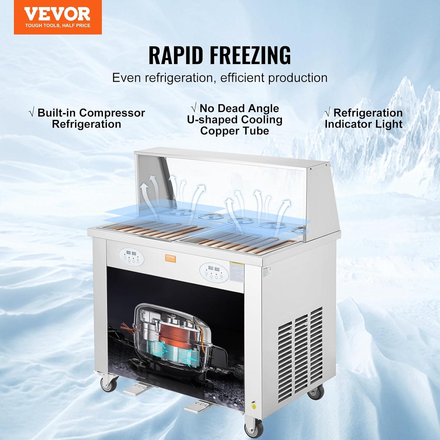 image:imageVEVOR Fried Ice Cream Roll Machine Stainless Steel Commercial Rolled Ice Cream Maker with Compressor and 4 Scrapers2Pcs 177 x 177 Square StirFried Ice Cream Pans for Frozen YogurtIce Cream1750Wdouble pans