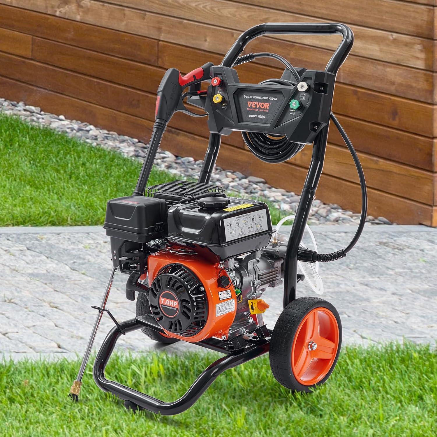 image:imageVEVOR Gas Pressure Washer 2900 PSI and 185 Max GPM Upgrade Aluminum Pump with Spray Gun and Wand 4 Nozzle Set Gas Powered Pressure Washer for Cars Fences Driveways Homes Patios Furniture3400 PSI