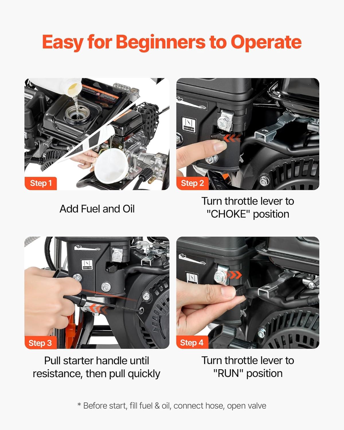 image:imageVEVOR Gas Pressure Washer 2900 PSI and 185 Max GPM Upgrade Aluminum Pump with Spray Gun and Wand 4 Nozzle Set Gas Powered Pressure Washer for Cars Fences Driveways Homes Patios Furniture2900PSI Horizontal