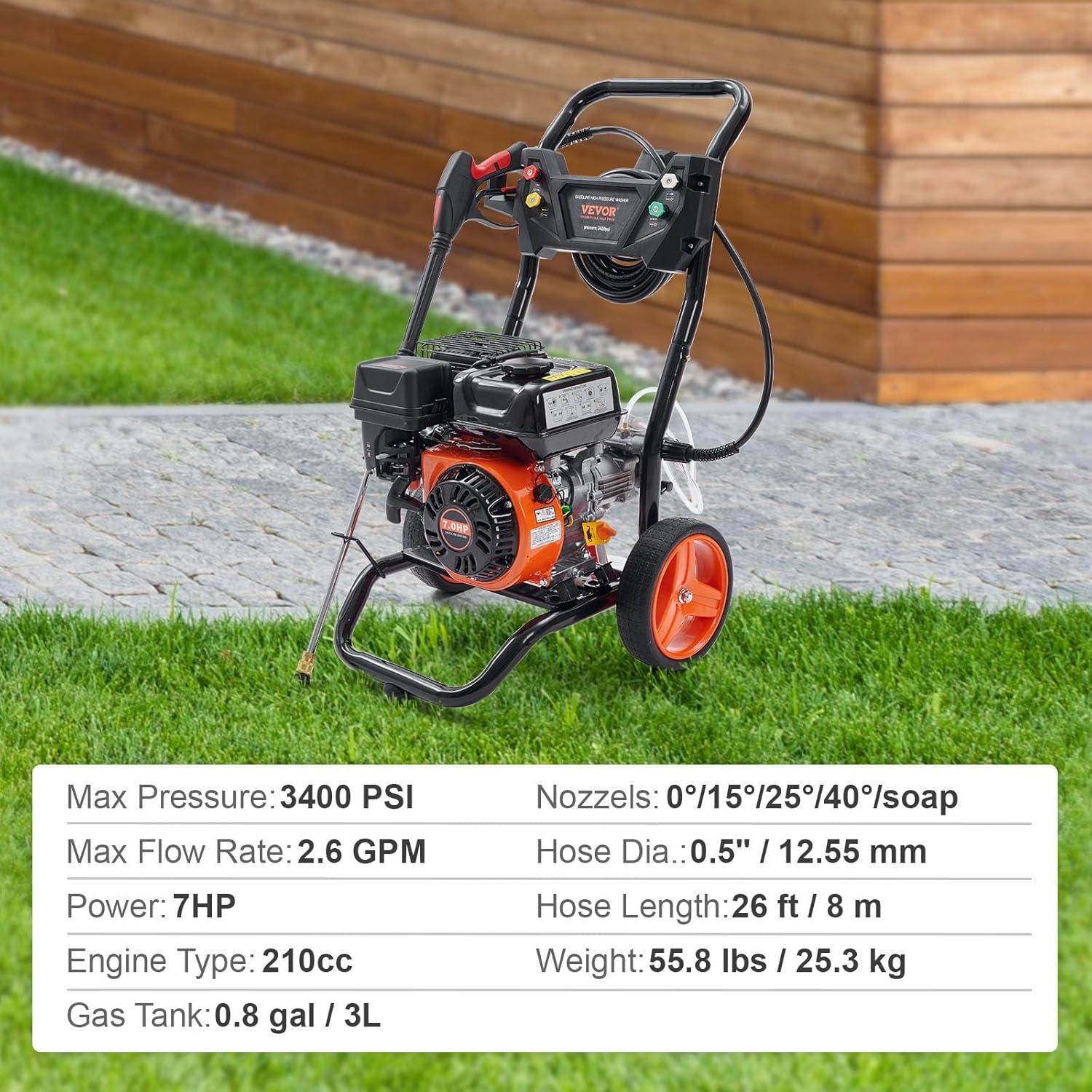 image:imageVEVOR Gas Pressure Washer 2900 PSI and 185 Max GPM Upgrade Aluminum Pump with Spray Gun and Wand 4 Nozzle Set Gas Powered Pressure Washer for Cars Fences Driveways Homes Patios Furniture3400 PSI