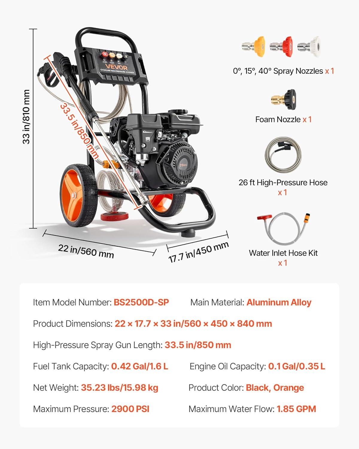 image:imageVEVOR Gas Pressure Washer 2900 PSI and 185 Max GPM Upgrade Aluminum Pump with Spray Gun and Wand 4 Nozzle Set Gas Powered Pressure Washer for Cars Fences Driveways Homes Patios Furniture2900PSI Vertical
