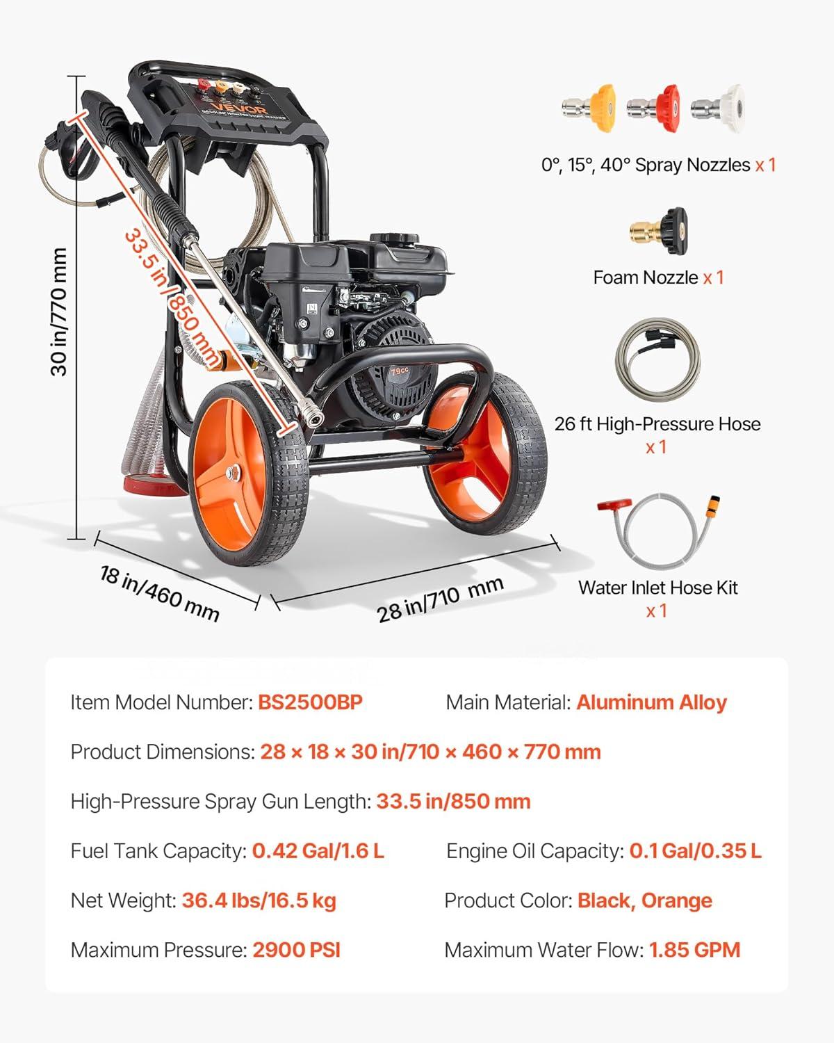 image:imageVEVOR Gas Pressure Washer 2900 PSI and 185 Max GPM Upgrade Aluminum Pump with Spray Gun and Wand 4 Nozzle Set Gas Powered Pressure Washer for Cars Fences Driveways Homes Patios Furniture2900PSI Horizontal