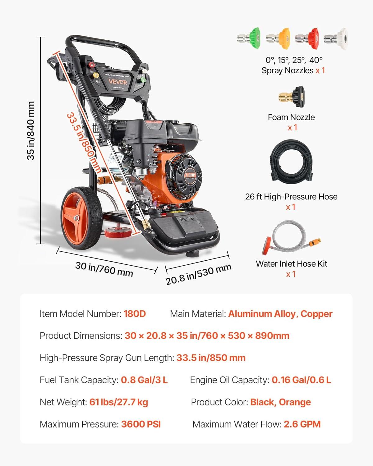 image:imageVEVOR Gas Pressure Washer 2900 PSI and 185 Max GPM Upgrade Aluminum Pump with Spray Gun and Wand 4 Nozzle Set Gas Powered Pressure Washer for Cars Fences Driveways Homes Patios Furniture3600 PSI