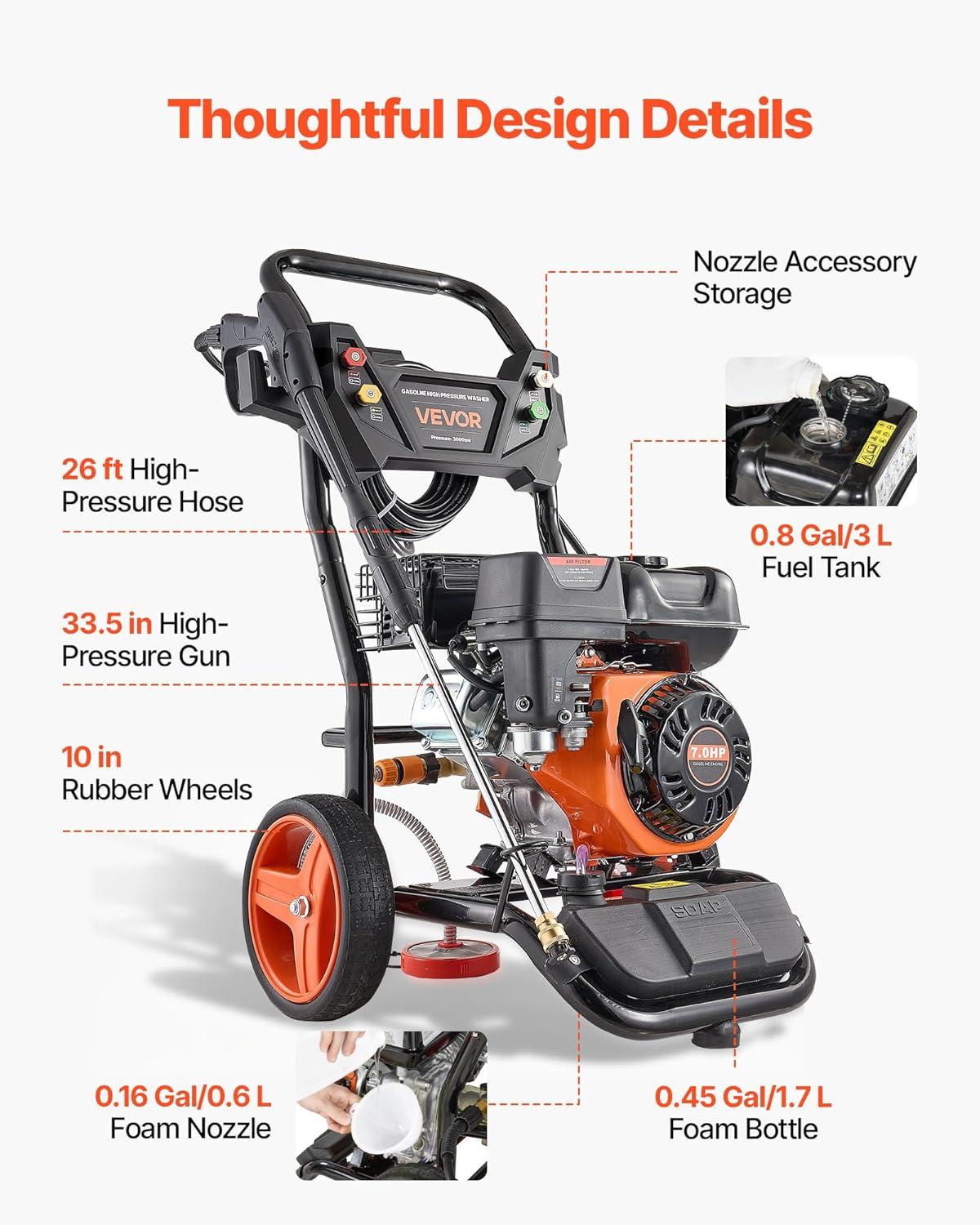 image:imageVEVOR Gas Pressure Washer 2900 PSI and 185 Max GPM Upgrade Aluminum Pump with Spray Gun and Wand 4 Nozzle Set Gas Powered Pressure Washer for Cars Fences Driveways Homes Patios Furniture3600 PSI