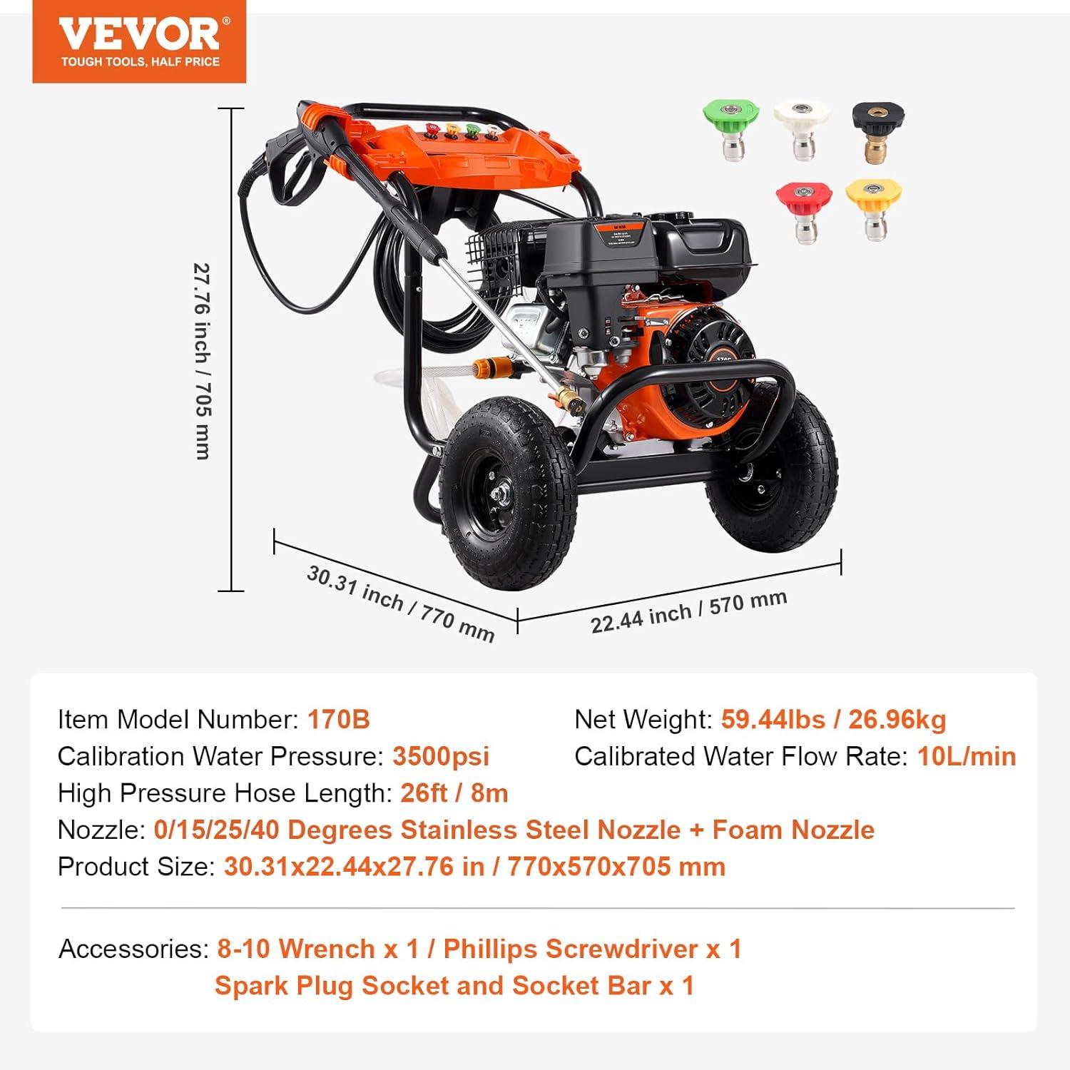 image:imageVEVOR Gas Pressure Washer 2900 PSI and 185 Max GPM Upgrade Aluminum Pump with Spray Gun and Wand 4 Nozzle Set Gas Powered Pressure Washer for Cars Fences Driveways Homes Patios Furniture3500PSI