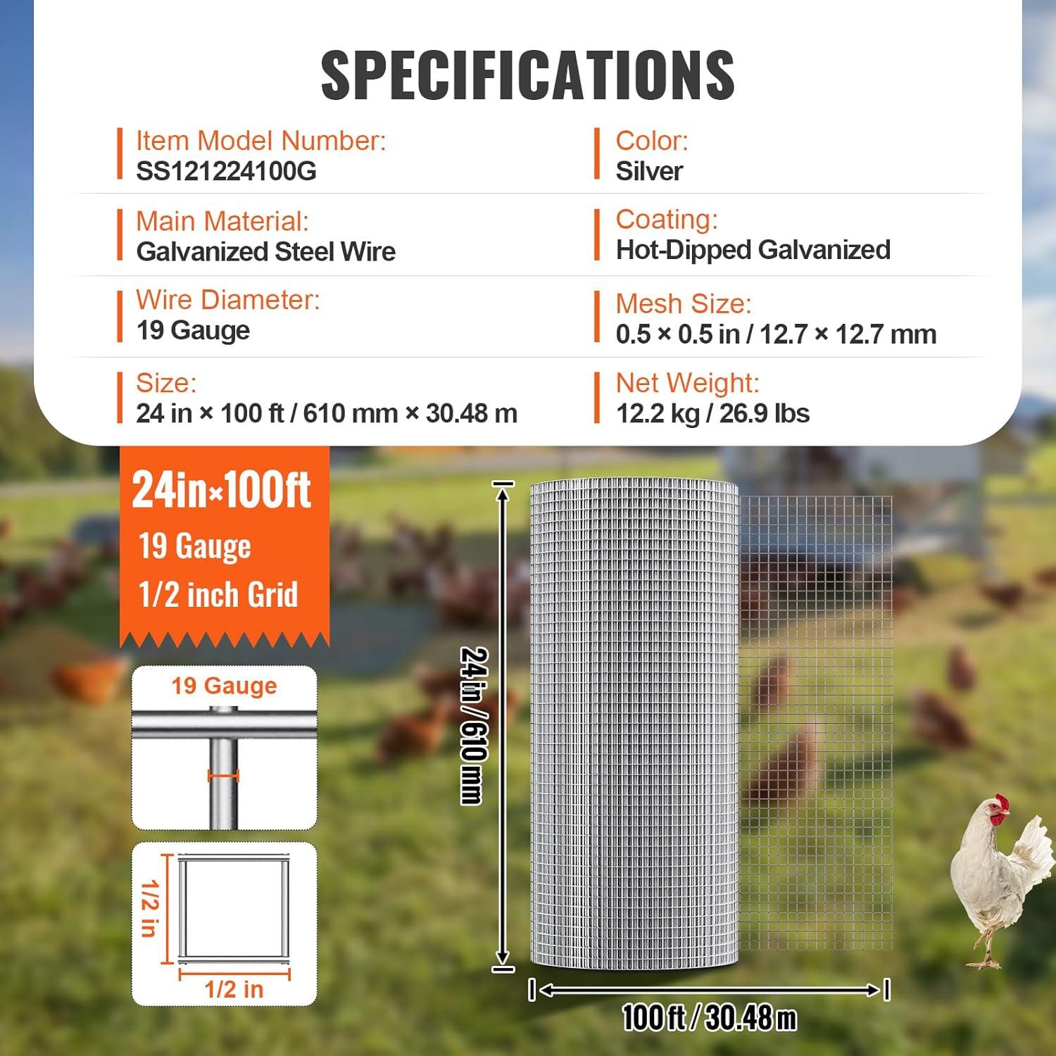 image:imageVEVOR Hardware Cloth 14 inch 48in x 100 ft 23 Gauge Hot Dipped Galvanized Wire Mesh Roll Chicken Wire Fencing Wire Mesh for Rabbit Cages Garden Small Rodents24 x 100