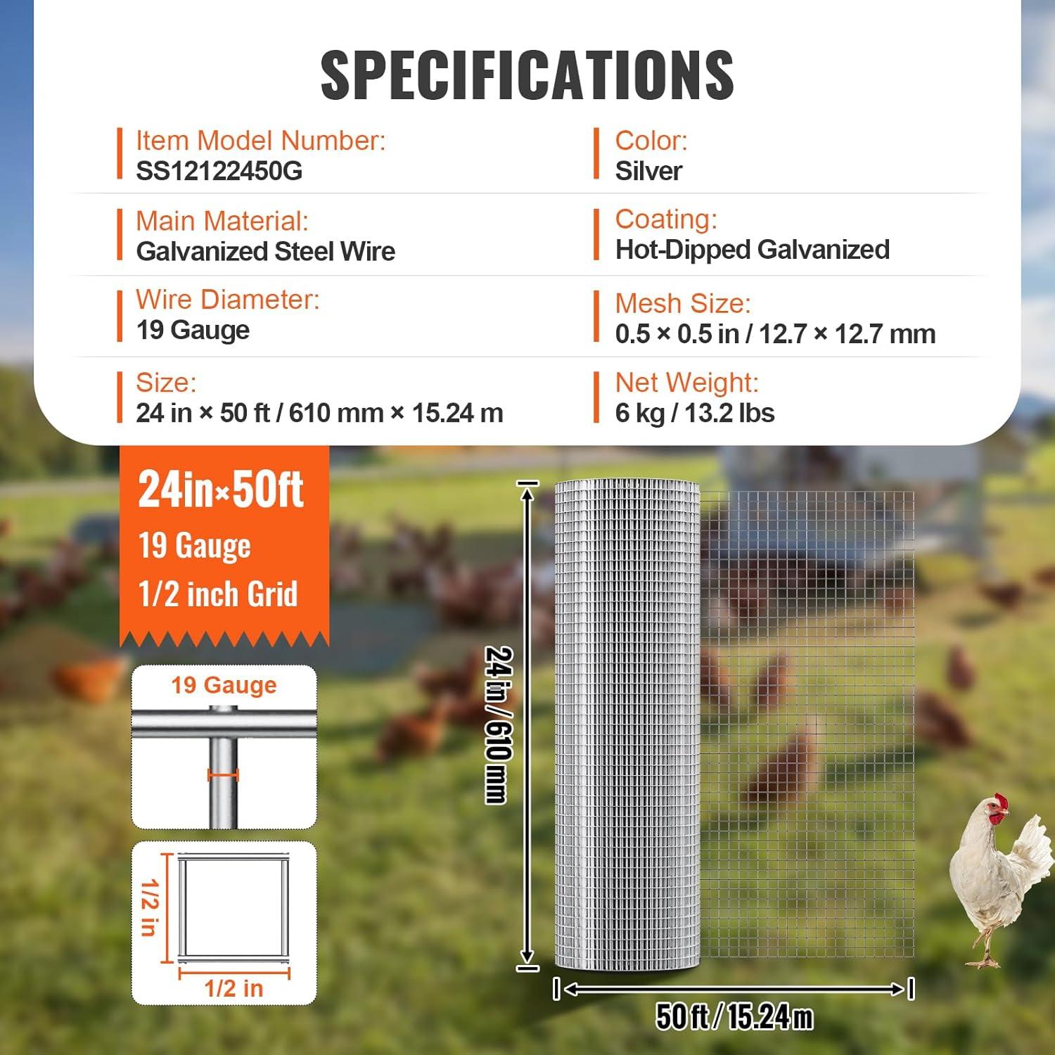 image:imageVEVOR Hardware Cloth 14 inch 48in x 100 ft 23 Gauge Hot Dipped Galvanized Wire Mesh Roll Chicken Wire Fencing Wire Mesh for Rabbit Cages Garden Small Rodents24 x 50