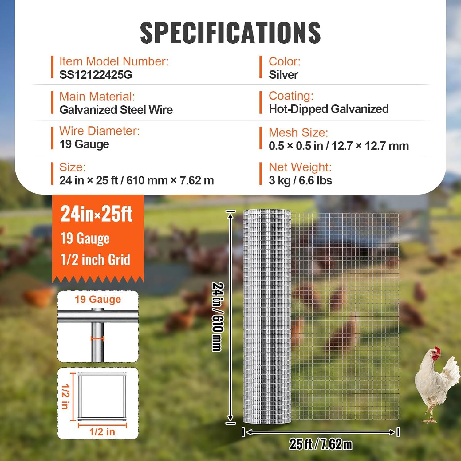 image:imageVEVOR Hardware Cloth 14 inch 48in x 100 ft 23 Gauge Hot Dipped Galvanized Wire Mesh Roll Chicken Wire Fencing Wire Mesh for Rabbit Cages Garden Small Rodents24 x 25