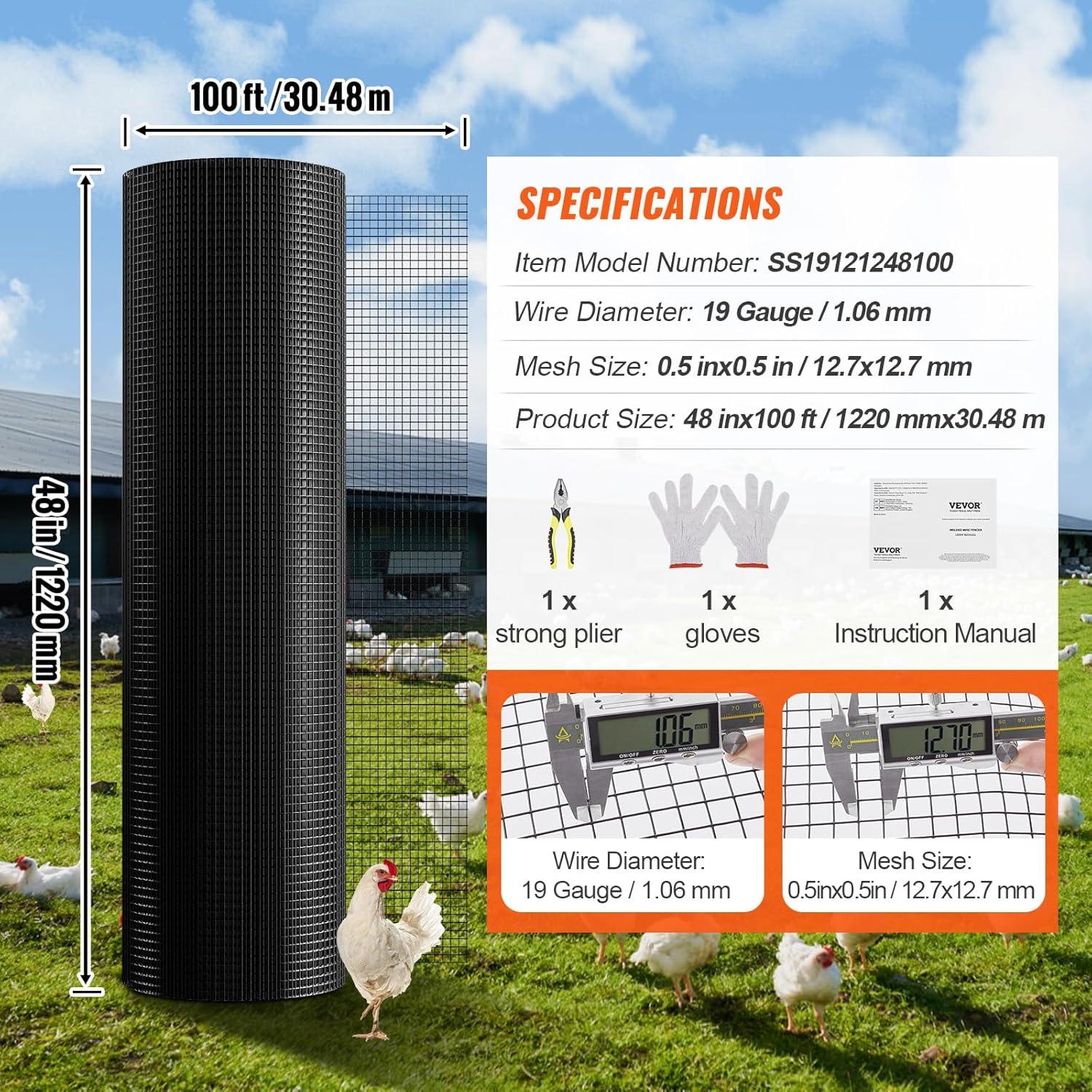 image:imageVEVOR Hardware Cloth 48 x 50 12inch Galvanized Wire Mesh Roll 19 Gauge Chicken Wire Fence Roll Vinyl Coating Metal Wire Mesh for Chicken Coop Barrier Rabbit Snake Fences Poultry Enclosures12inch 48 X 100