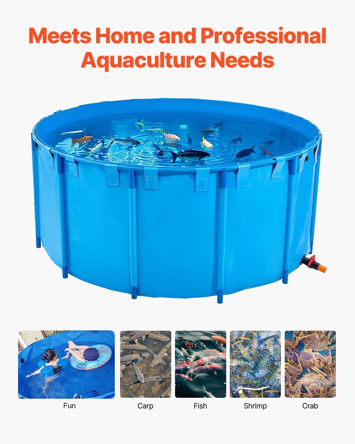 image:imageVEVOR KOI Aquarium Tank Above Ground Fish Pond 127 Gallon Foldable Canvas Fish Pool Pond with Clear Viewing Panel OutdoorIndoor No Dig Turtle Goldfish Pond with 304SS Frame and Drain ValveRoundBlue