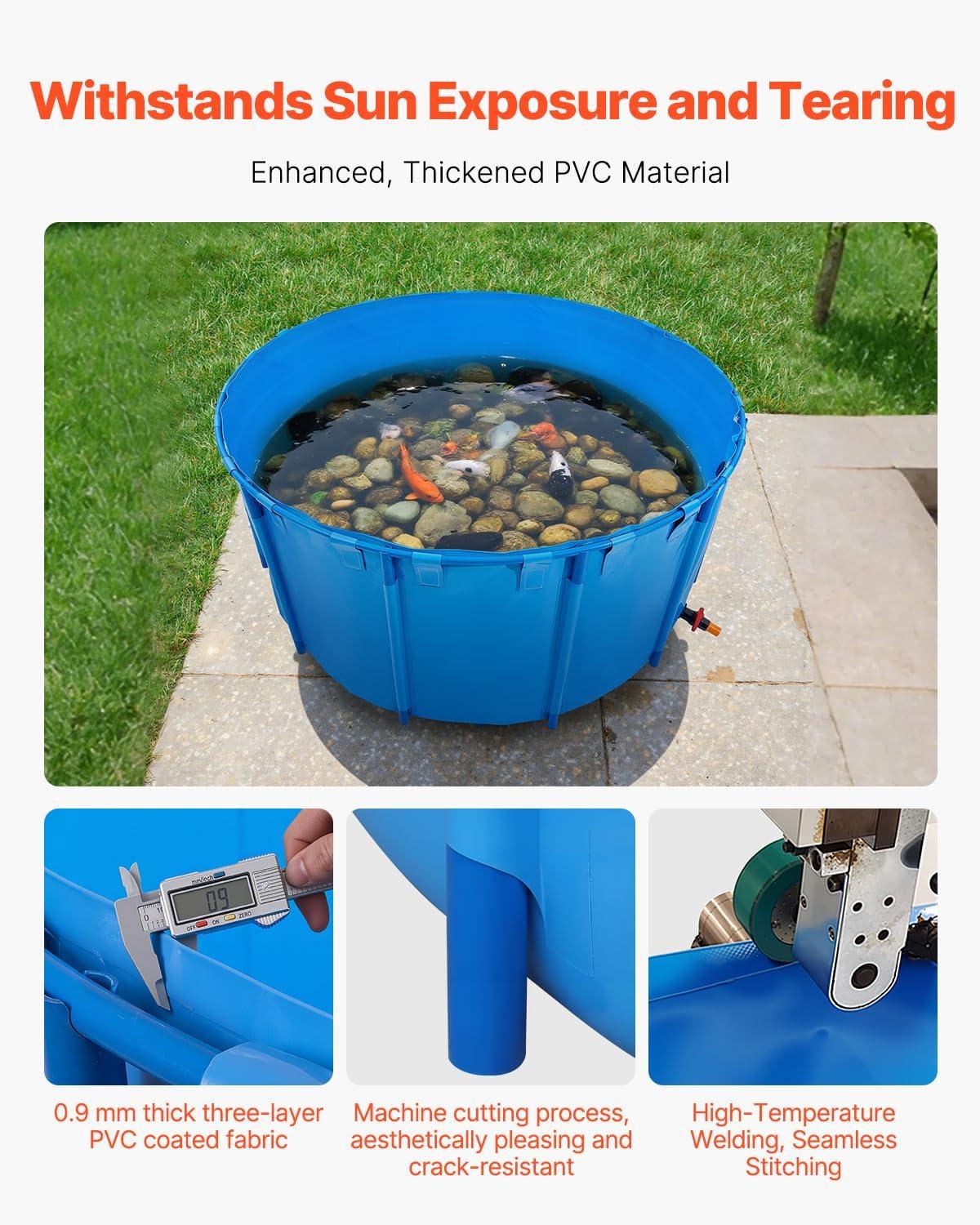 image:imageVEVOR KOI Aquarium Tank Above Ground Fish Pond 127 Gallon Foldable Canvas Fish Pool Pond with Clear Viewing Panel OutdoorIndoor No Dig Turtle Goldfish Pond with 304SS Frame and Drain ValveRoundBlue