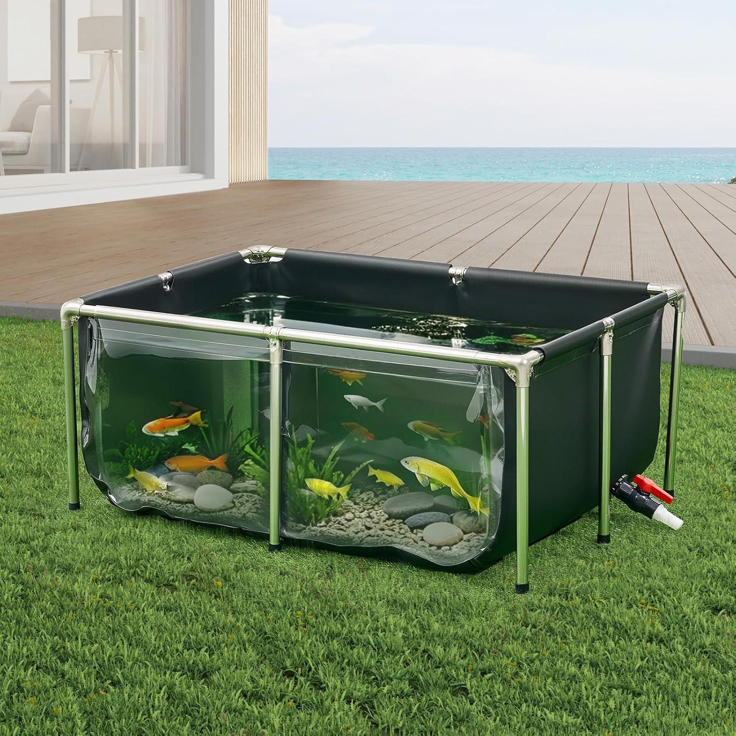image:imageVEVOR KOI Aquarium Tank Above Ground Fish Pond 127 Gallon Foldable Canvas Fish Pool Pond with Clear Viewing Panel OutdoorIndoor No Dig Turtle Goldfish Pond with 304SS Frame and Drain ValveWith Clear Panel