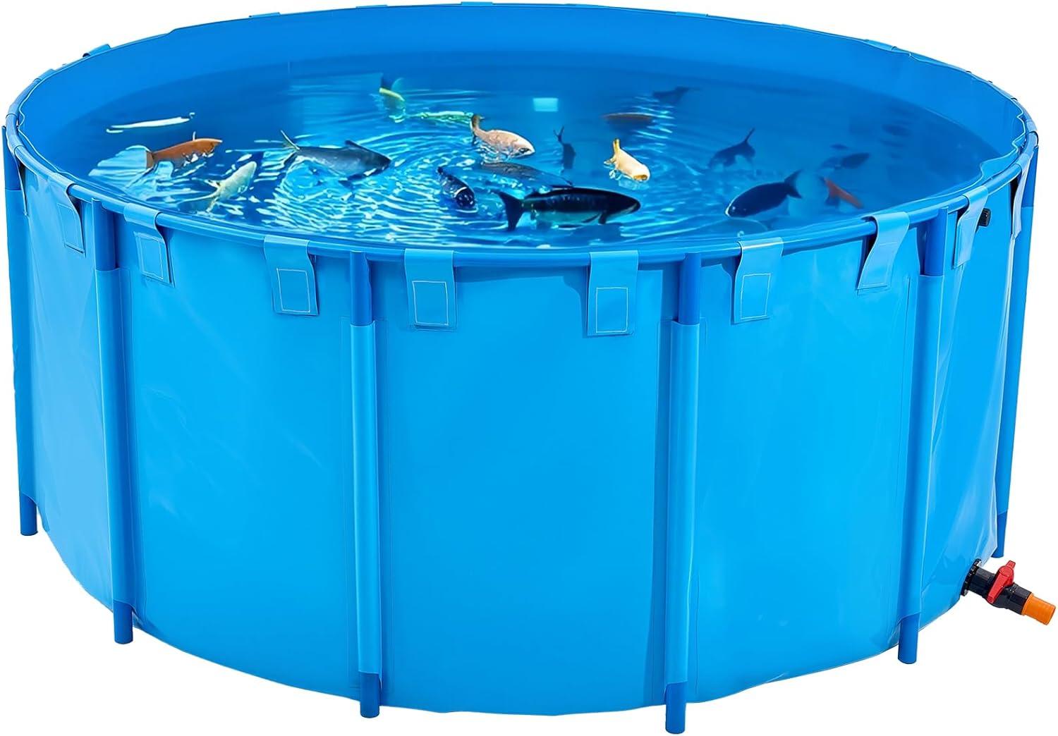 image:imageVEVOR KOI Aquarium Tank Above Ground Fish Pond 127 Gallon Foldable Canvas Fish Pool Pond with Clear Viewing Panel OutdoorIndoor No Dig Turtle Goldfish Pond with 304SS Frame and Drain ValveRoundBlue