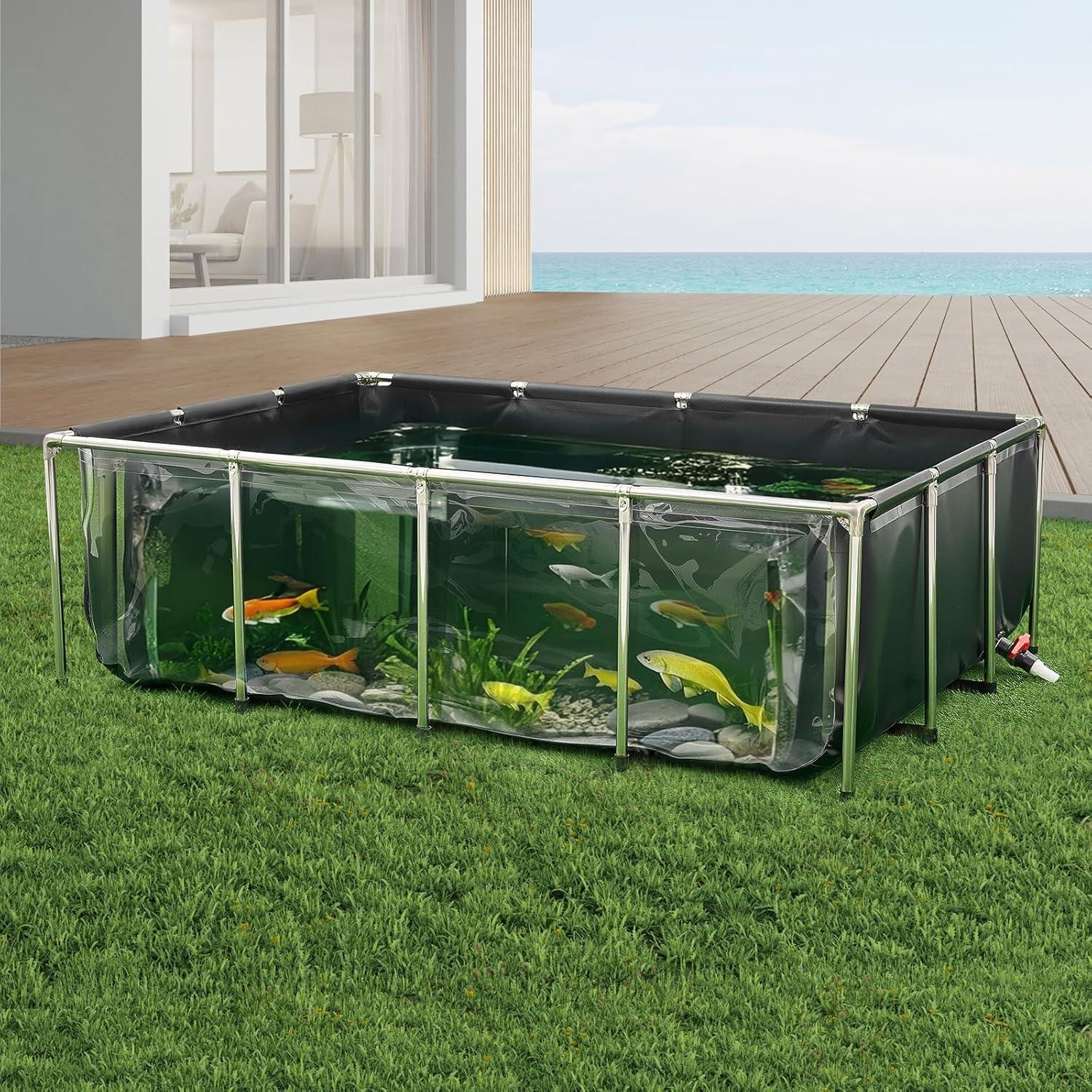 image:imageVEVOR KOI Aquarium Tank Above Ground Fish Pond 127 Gallon Foldable Canvas Fish Pool Pond with Clear Viewing Panel OutdoorIndoor No Dig Turtle Goldfish Pond with 304SS Frame and Drain ValveWith Clear Panel